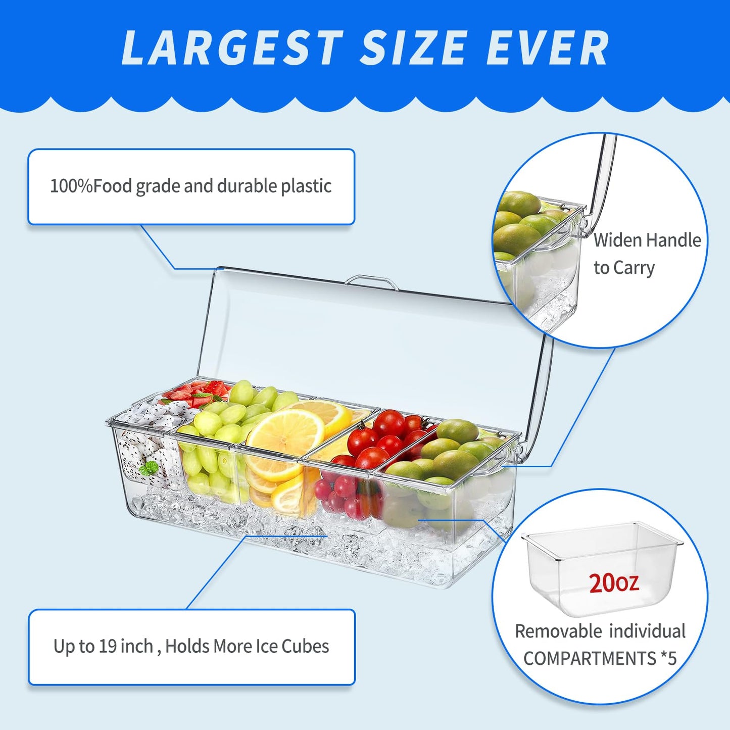 2 Pack Large Ice Chilled Condiment Caddy，Chilled Condiment Containers Server with Lids for 5 Removable Compartments，Serving Platters, Fruit & Garnish Tray for Party Supplies & Bar（2 Pack）