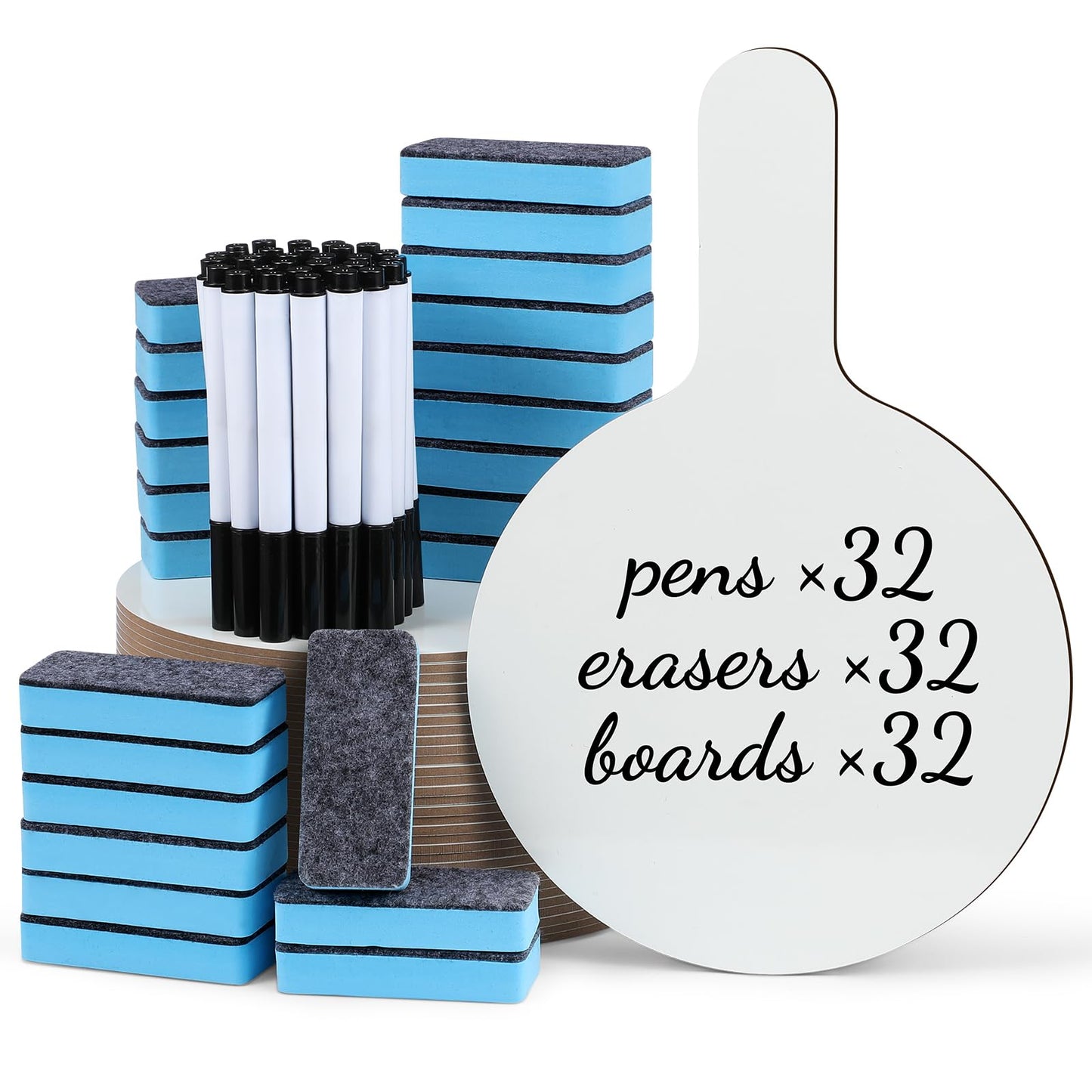 32 Pack Dry Erase Paddles White Answer Board Bulk Double Sided Board Plastic Handheld Paddle Set with Whiteboard Pens and Whiteboard Erasers for Students Classroom Voting Bidding Answering (Round)