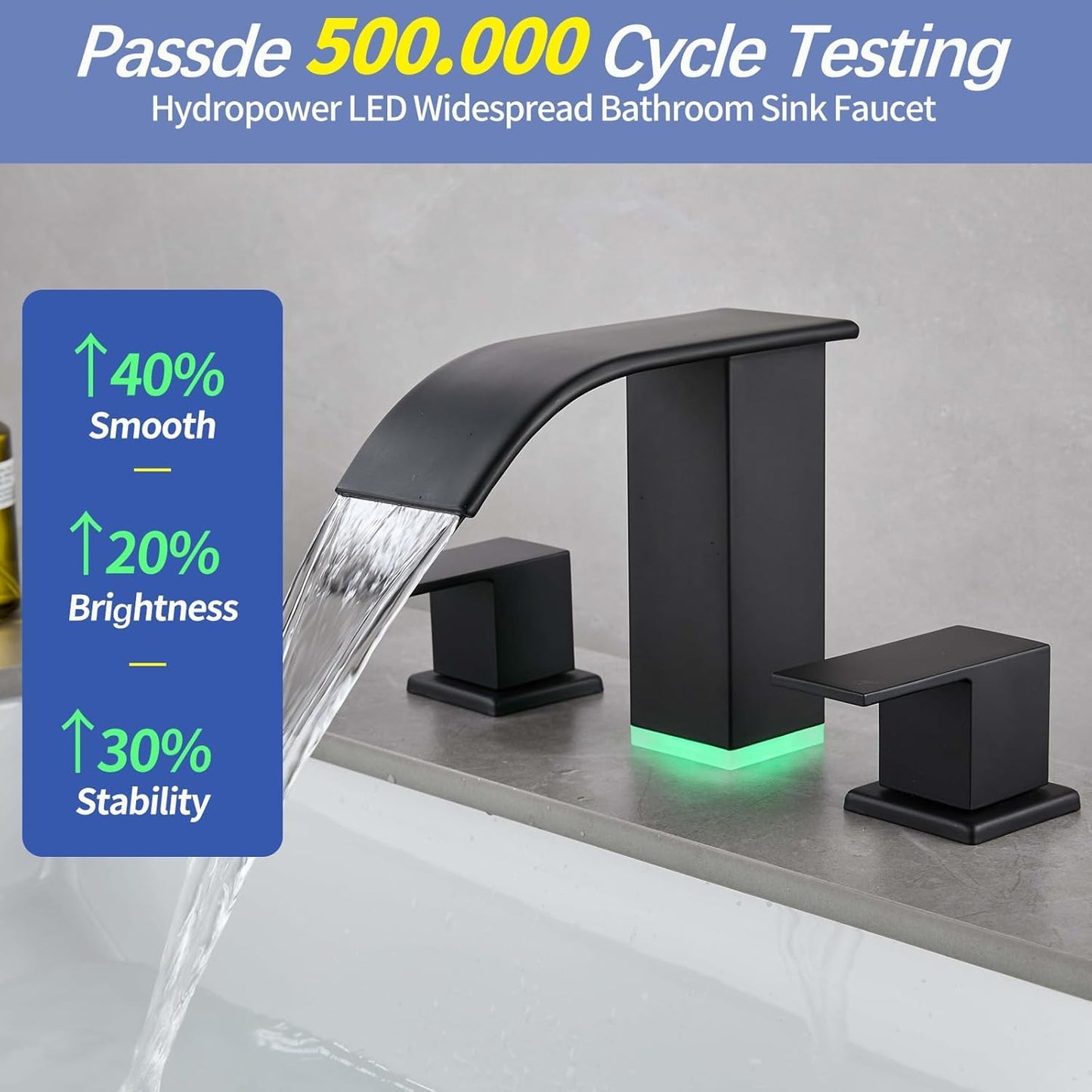 Kyatinsal LED Light Black Waterfall Bathroom Faucet 3 Holes - 8Inch Widespread Bathroom Sink Faucet | Two Handles Lavatory Vanity Sink Faucets with Pop-up Drain Assembly