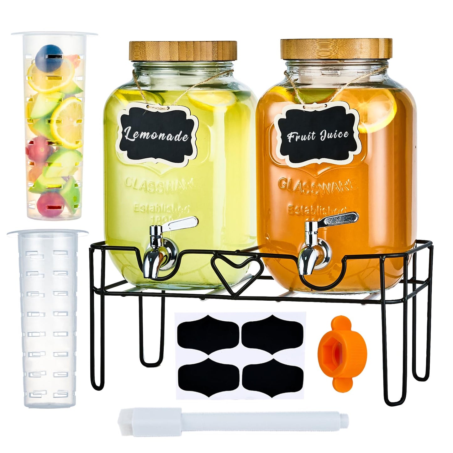 ShoreHao 2 Pack1Gallon Glass Drink Dispenser with Stand&Bamboo Lids&Fruit Infuser,304 Stainless Steel Leak-Proof Spigot,Beverage Dispenser for Parties,Water Sangria Juice Sun Tea Lemonade(Natural)