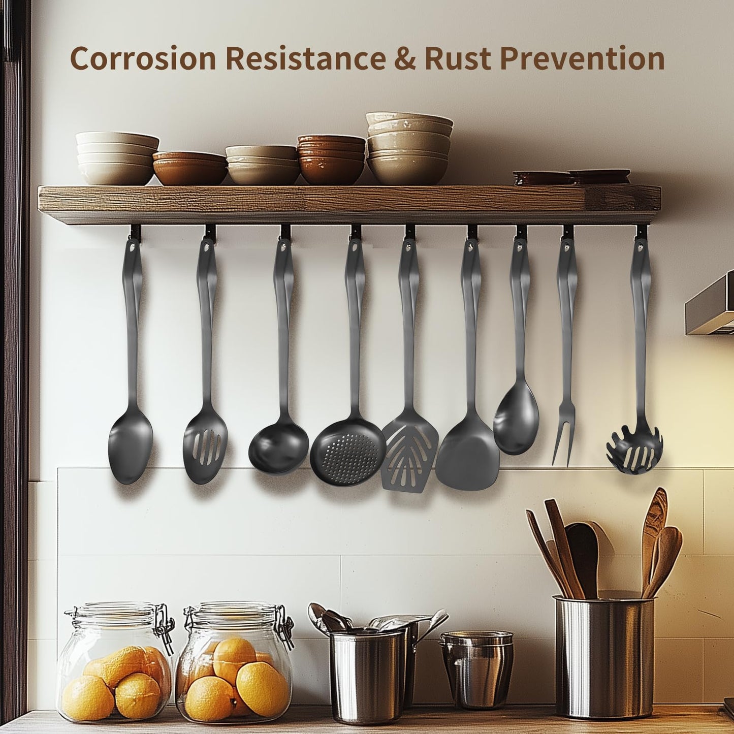 304 Stainless Steel Kitchen Utensil Set - 9pcs Cooking Utensils, Metal Kitchen Utensil Spatula Sets Cookware,High temperature resistance Kitchen Tool Set for Hanging Dishwasher Safe（Black）