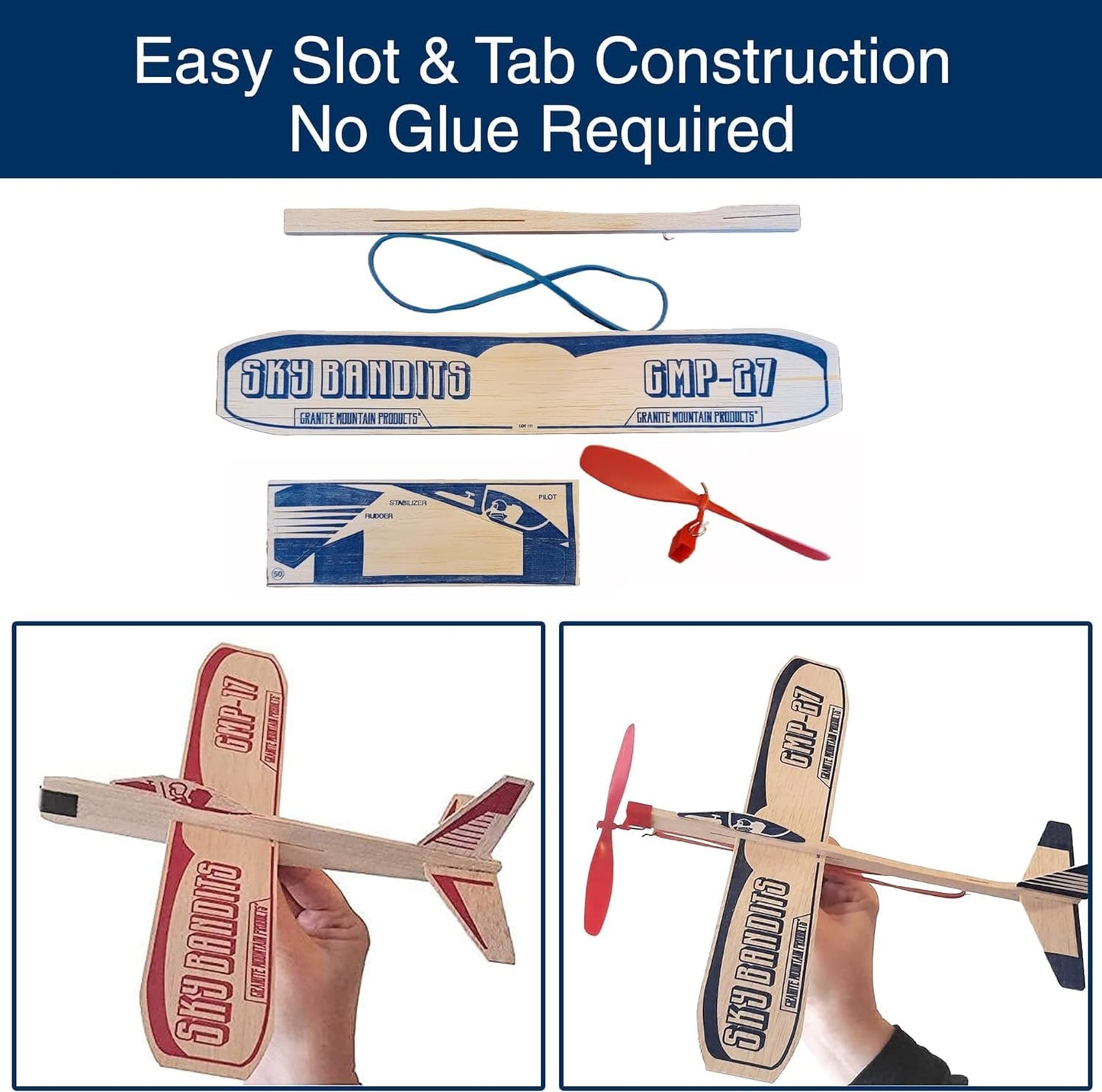 GRANITE MOUNTAIN PRODUCTS Balsa Wood Plane Kits | Gliders & Propeller Set, 4 Wood, 2 Propeller with Elastic, Gliders, Miniature Toy Kit