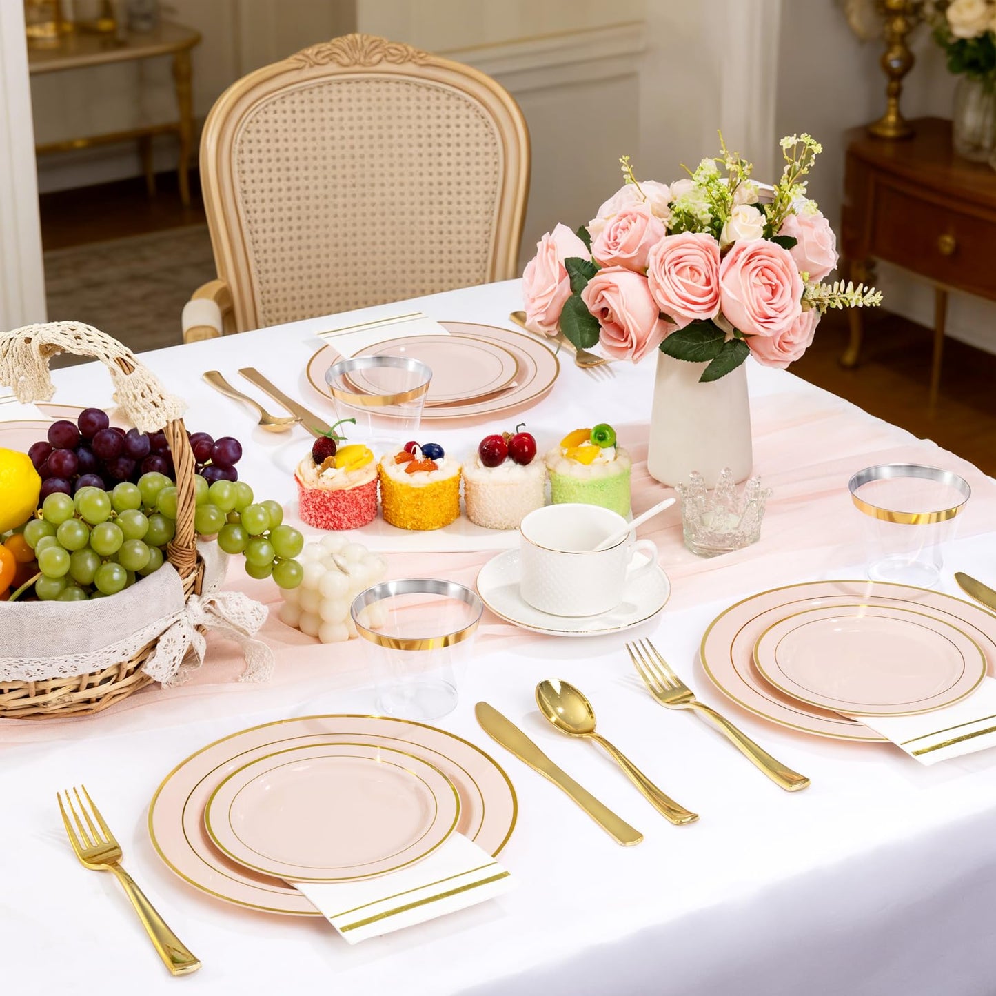 GATHER 350PCS Pink Plastic Plates - Disposable Plastic Dinnerware Set Include 100 Pink Plates, 150 Silverware, 50 Napkins, 50 Cups for Party & Wedding & Baby Shower