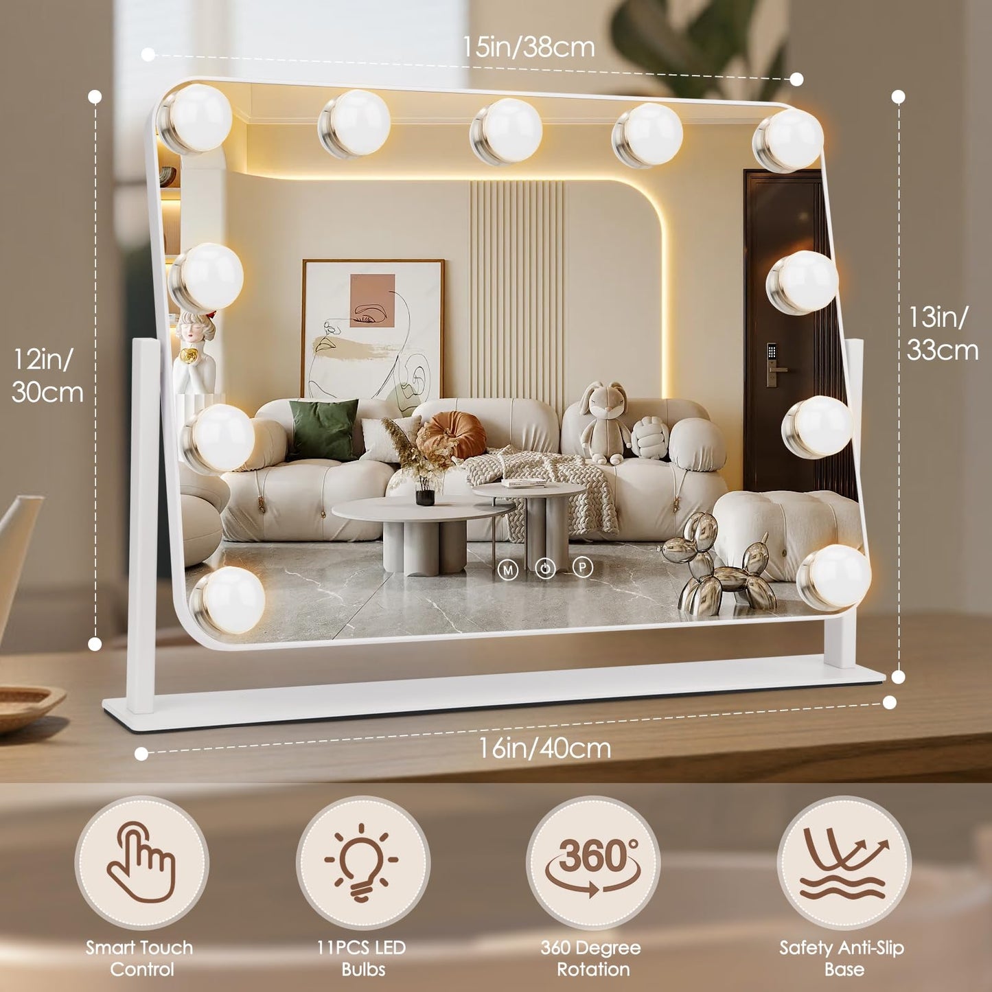DenCert 360° Vanity Mirror with Lights 11 Led Bulbs Hollywood Lighted Makeup Mirror with 5X Magnification Mirror Hollywood Cosmetic Mirror Tabletop Makeup Mirror with 3 Lighting Modes 16x13 Inch