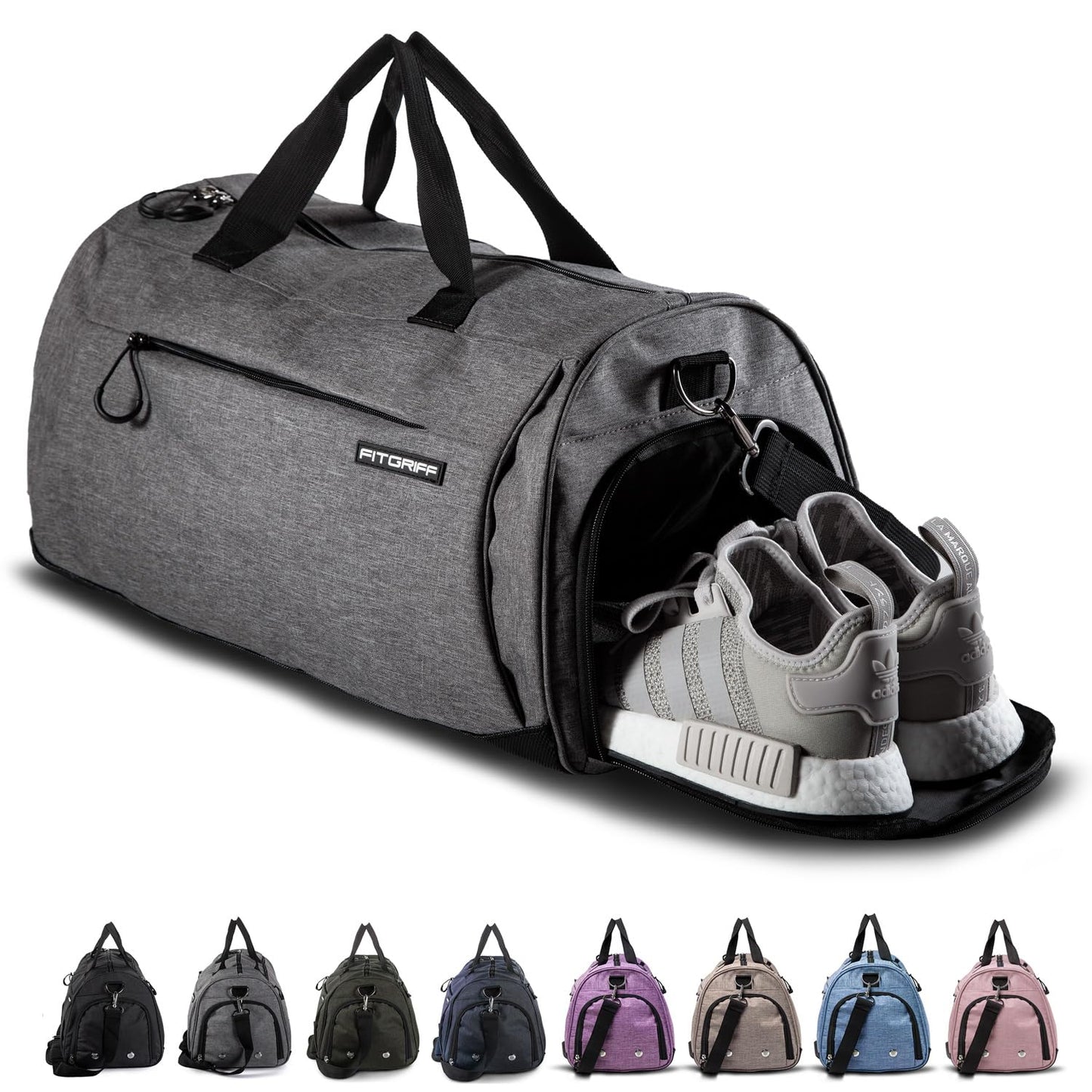 Fitgriff® Gym Bag for Men & Women with Shoe & Wet Compartment - Duffle Bag for Travel, Sports, Fitness & Workout (Grey, 23 x 12 x 12″ (M))