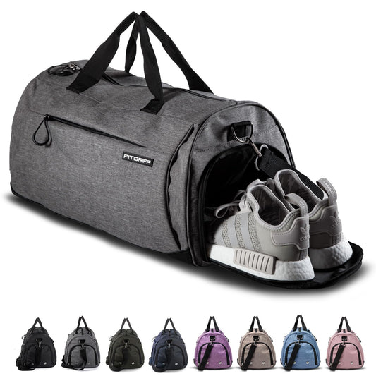 Fitgriff® Gym Bag for Men & Women with Shoe & Wet Compartment - Duffle Bag for Travel, Sports, Fitness & Workout (Grey, 23 x 12 x 12″ (M))