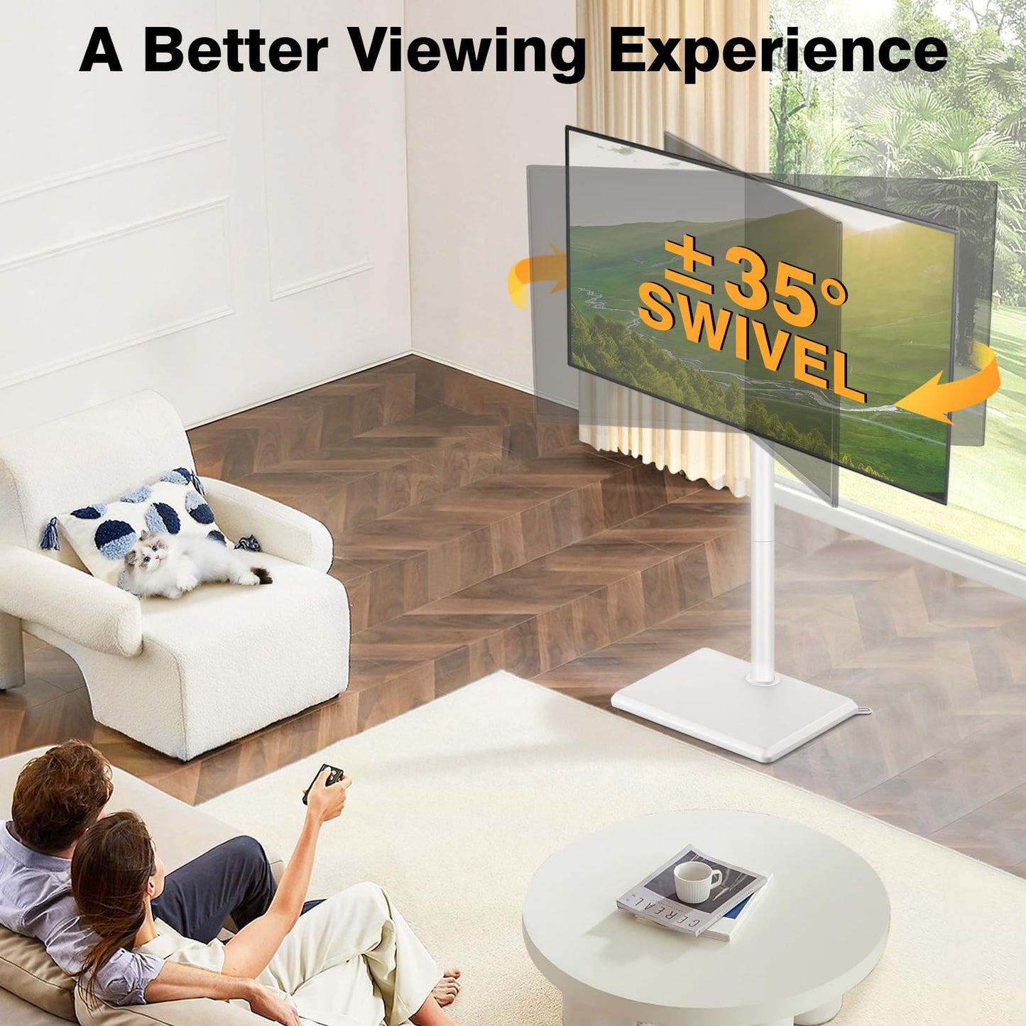 TVON Floor TV Stand with Mount for Most 32-60 Inch Flat/Curved TVs up to 88 lbs, Height Adjustable TV Mount Stand with Wood Base, Swivel TV Stand for Bedroom, Corner & Living Room, Max VESA 400x400mm