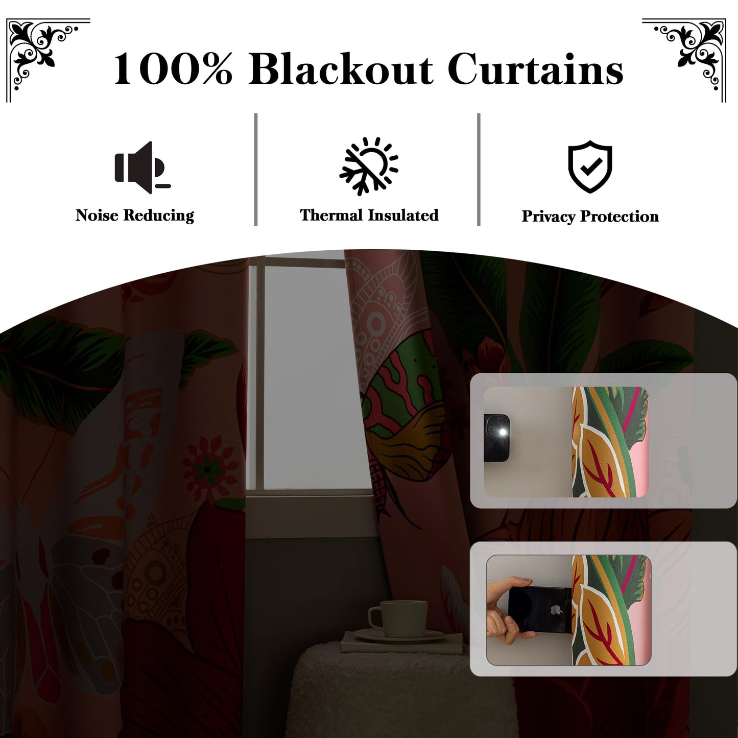 Tyrot Pink Boho Floral Blackout Curtains for Girls Bedroom 84 inch Long 2 Panels Butterfly Black Out Curtains for Living Room Grommet Nursery Thermal Insulated Room Darkening Window Drapes,52Wx84L