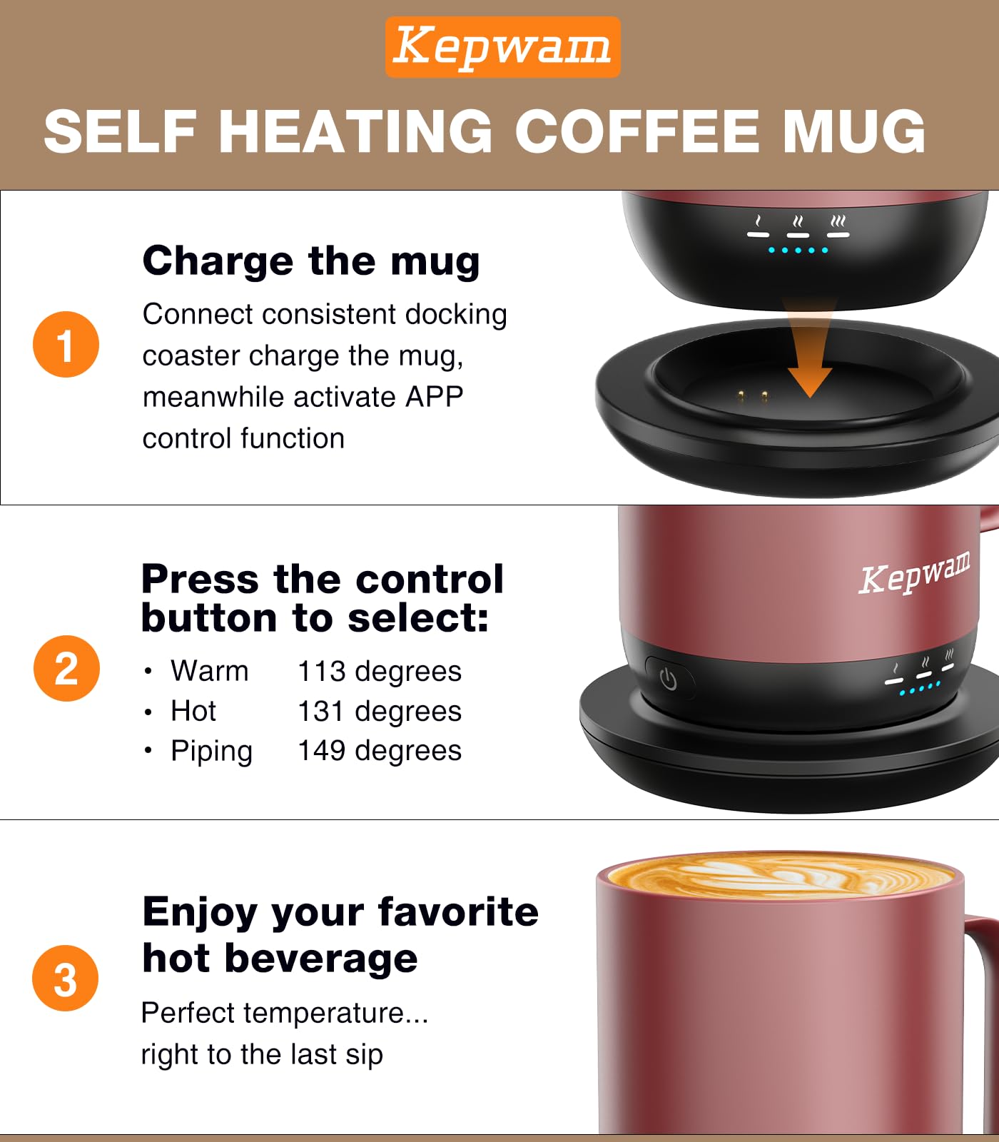 Kepwam Self-Heating Coffee Mug T1, 16oz Rechargeable Heated Coffee Mug, Smart Coffee Warmer Mug with App-Controlled,Advanced Temperature-Controlled Heating Coffee Gifts for Women Men Coffee Lover