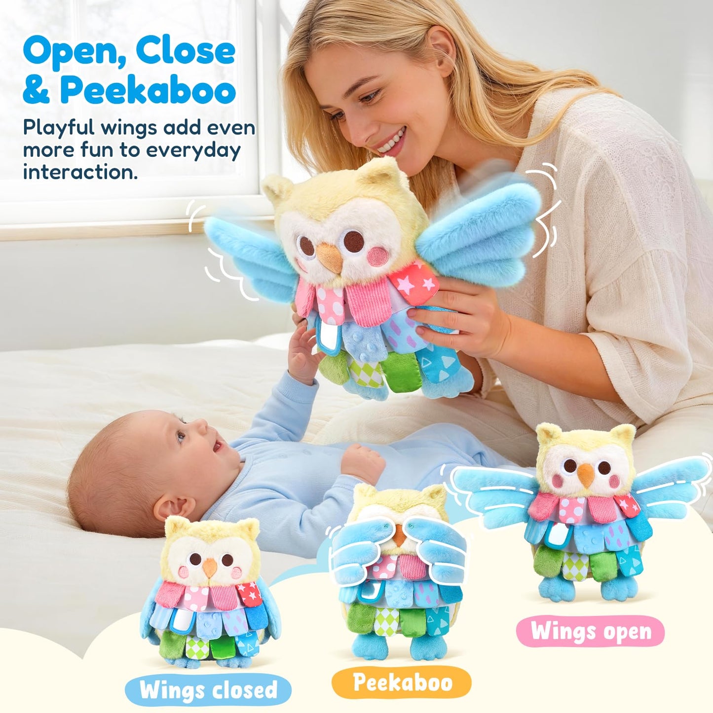 JoyCat Flip Owl Stuffed Animal, Soft Baby Sensory Toy with Multi-Textured Crinkle, Squeaker & Baby Mirror, Infant Tummy Time Toy for 0-9 Months, Newborn Baby Boy Girl Gift