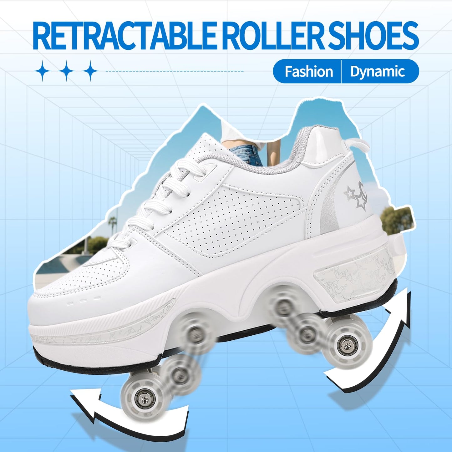 2-in-1 Roller Skates Double-Row Deform Wheel Roller Skating Automatic Walking Shoes Fitness Kick Roller (by, 11 Women/10 Men)