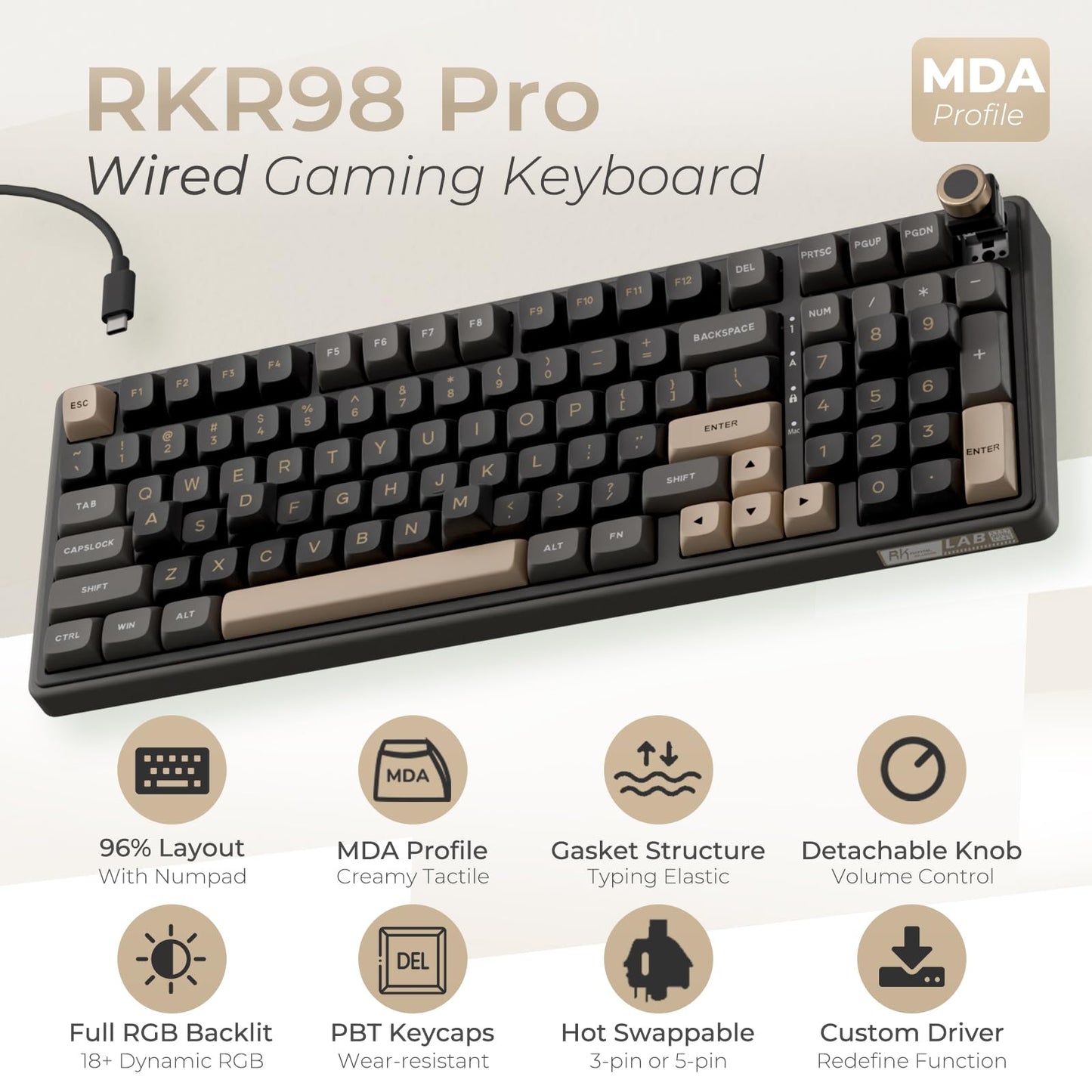 RK ROYAL KLUDGE R98 Pro Wired Mechanical Keyboard, 96% Creamy Gaming Keyboard RGB Backlit with Number Pad and Volume Knob, Gasket Mount, MDA Profile PBT Keycaps, Hot Swappable Pre-lubed Linear Switch