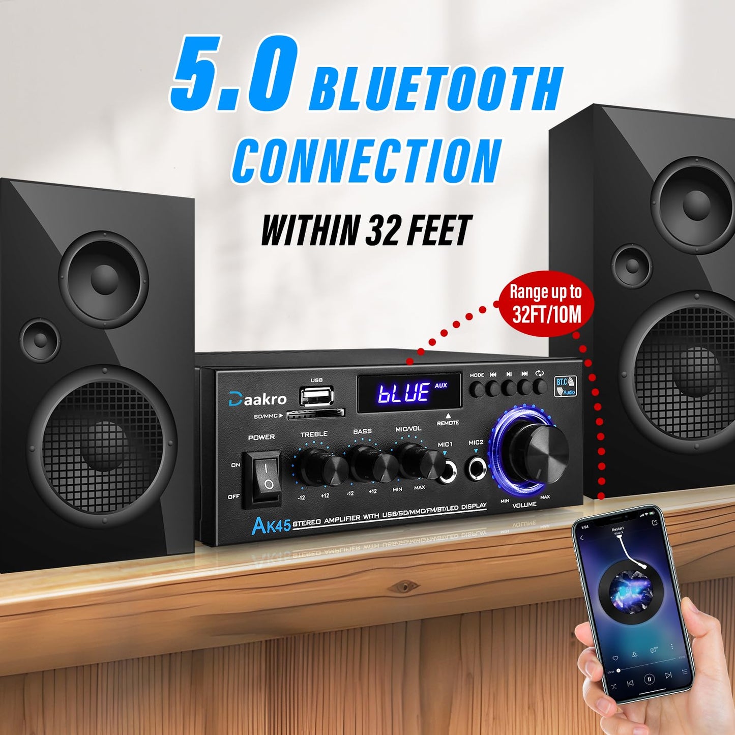 Daakro AK45 Stereo Audio Amplifier,Rated Power 40W Home 2 Channel Wireless Bluetooth 5.0 Power Amplifier System, Home Amplifiers FM Radio, USB, SD Card, w/Remote Control Home Theater Audio System