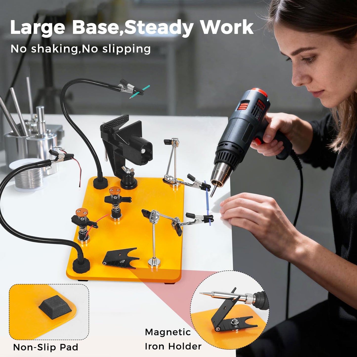 NOEVSBIG Helping Hands Soldering Station with 5X Magnifying Lamp, Magnetic Flexible Arms, 360° Soldering Clamps, Workbench Vise & Large Stable Base, and Helping Hands Clamp for Electronics Repair DIY