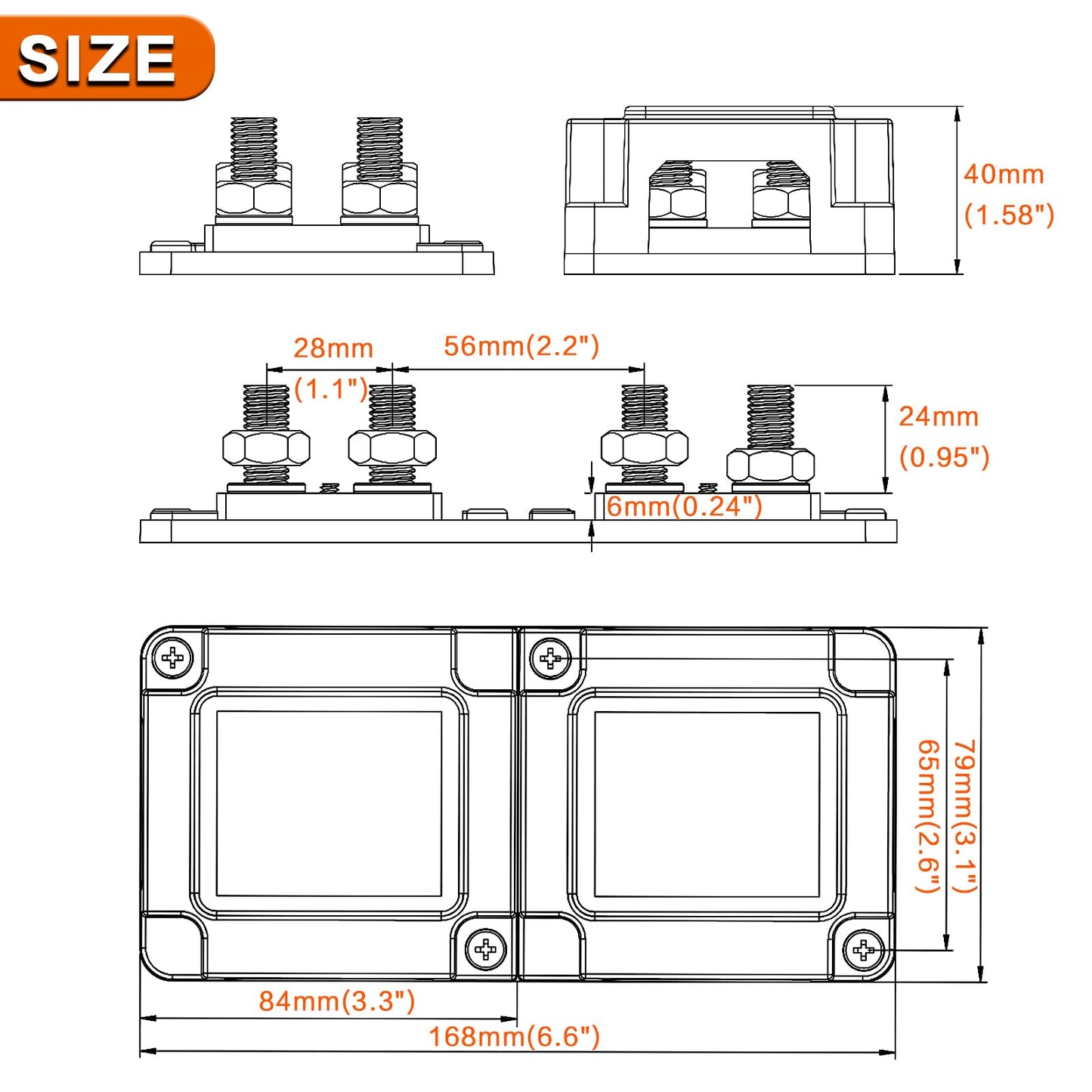 AMOMD Heavy Duty 400A 12-48V Tin-Plated Copper Block Bus Bar 8xM10(3/8") Studs Independent Modular Positive Negative Ground Battery Junction Block Buss Bar for Solar System Marine Truck Boat