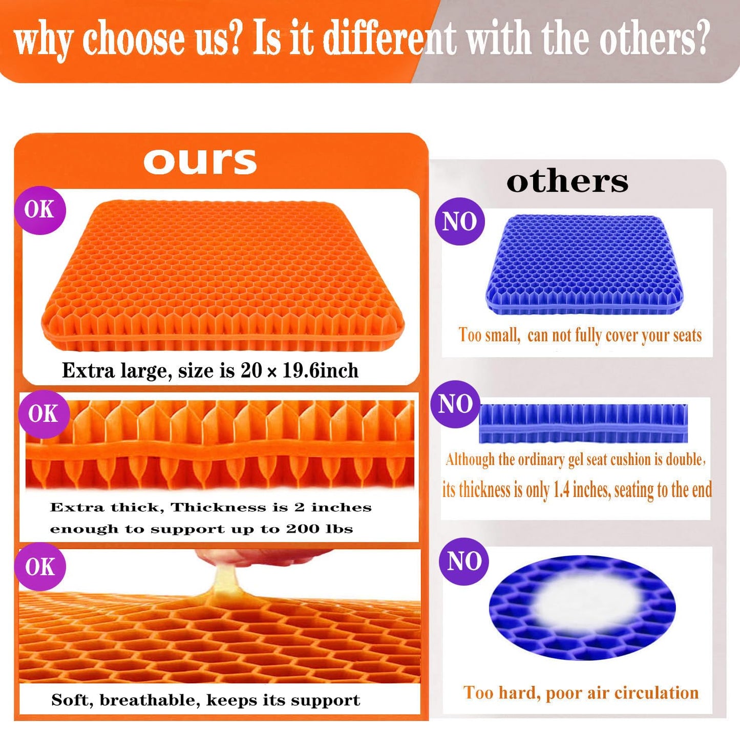 Plus Size Gel Seat Cushion for Long Sitting, Cooling Supportive Large Seat Cushion for Back, Hip, Sciatica, Tailbone Pain Relief, Use for The Office, Wheelchair, Car, Recliner, Stadium, Kayak.(Orange)