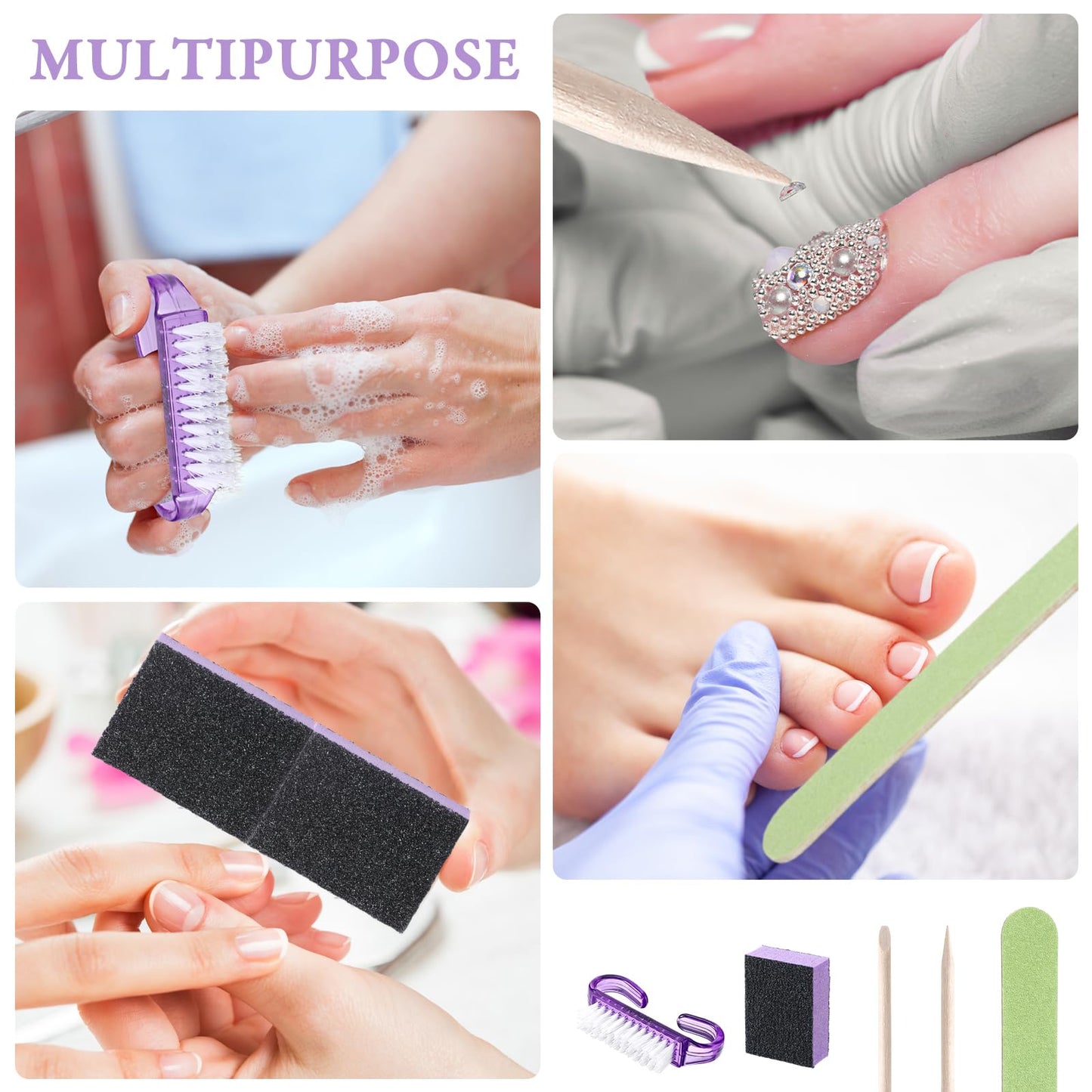 Leriton 100 Sets Professional Disposable Manicure Kit Basics 4 Piece Nail Kit Wood Nail File 100/180 Grit, Mini Buffer 80/100 Grit, Wood Stick and Handle Grip Nail Brush Valentine's Gifts (Purple)