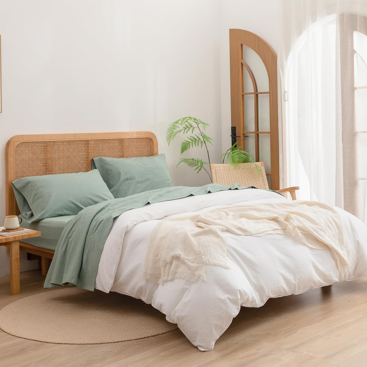 BESTOUCH Sheet Set 100% Washed Cotton Linen Feel Super Soft Comfortable Chic Lightweight 4 Pcs Home Bedding Set Solid Green King