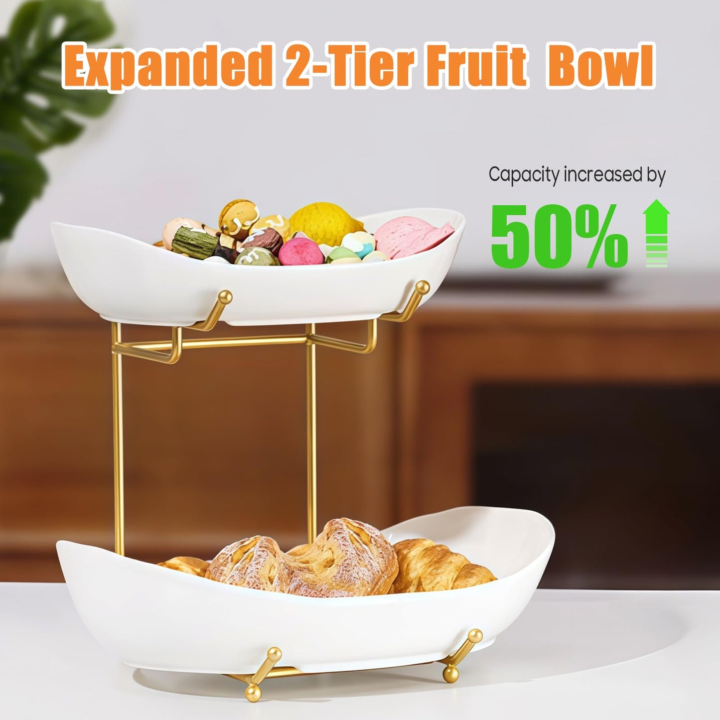 HOMKULA 2 Tier Ceramic Fruit Bowl for Kitchen Counter, Tiered Fruit Basket for Countertop, Modern Multi Layer Fruit Display Stand for Party, Cute (Gold&White, Large)