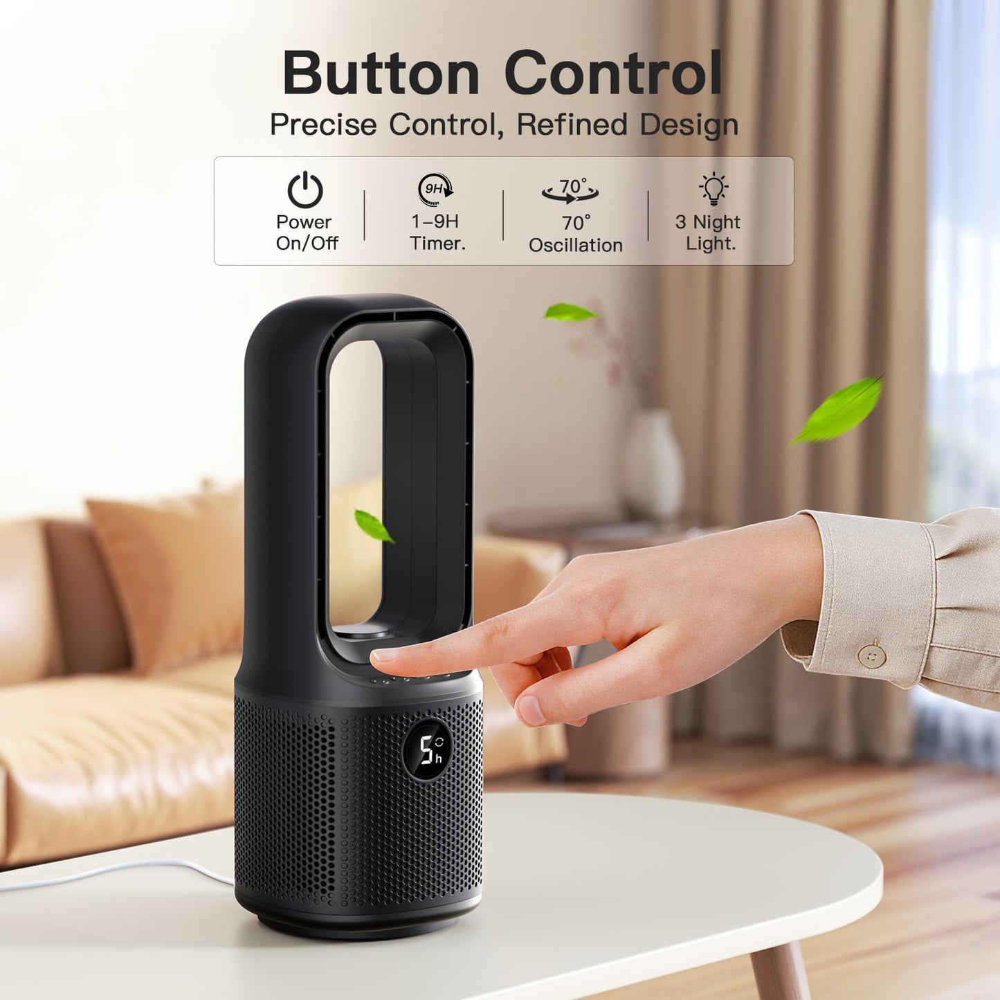 let'me Bladeless Desk Fan Small Quiet, 5-Speed Bedside Table Fan with 3-Level Brightness Night Light, 72° Oscillation, 9-Hour Timer, Wired Power with Adapter, Fan for Bedroom Office Home, 13x5 Inch