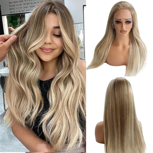 22 Inch Ombre Lace Front Wig Human Hair 13x4 Straight Highlight Lace Front Wig Human Hair #8T18/60 Ash Brown to Blonde HD Lace Closure Wigs for Women 150% Density Pre Plucked Hairline
