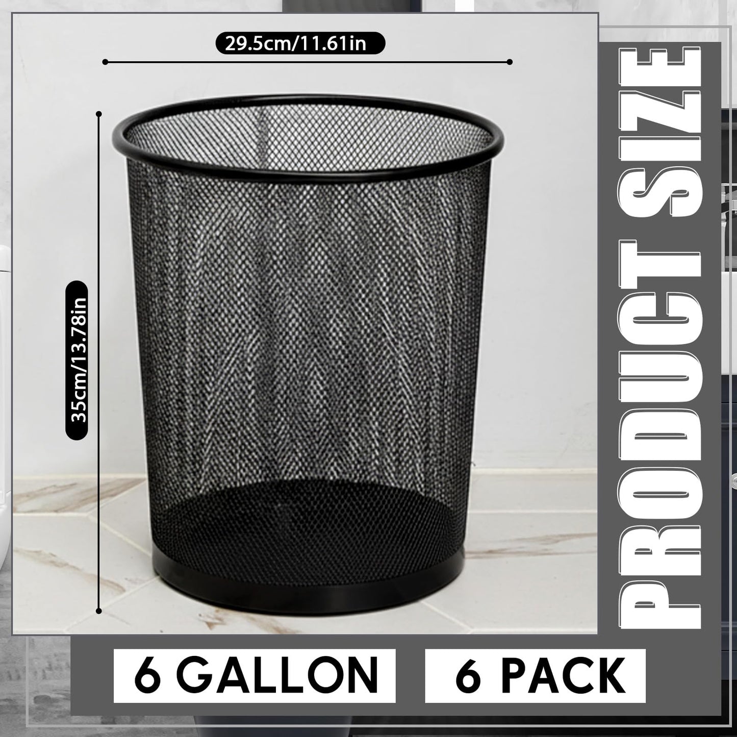 Zeyune 6 Pack Black Office Trash Can Bulk Mesh Trash Can 6 Gallon Metal Wire Mesh Waste Paper Basket Round Small Garbage Bin for Office Bathroom Home Bedroom Kitchen Dorm