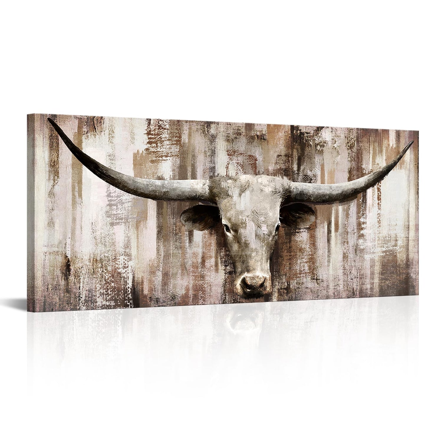 LevvArts Large Size Longhorn Cow Canvas Wall Art Western Cattle Painting Artwork Rustic Farmhouse Decorations Man Cave Home Office Decor 20"x48"