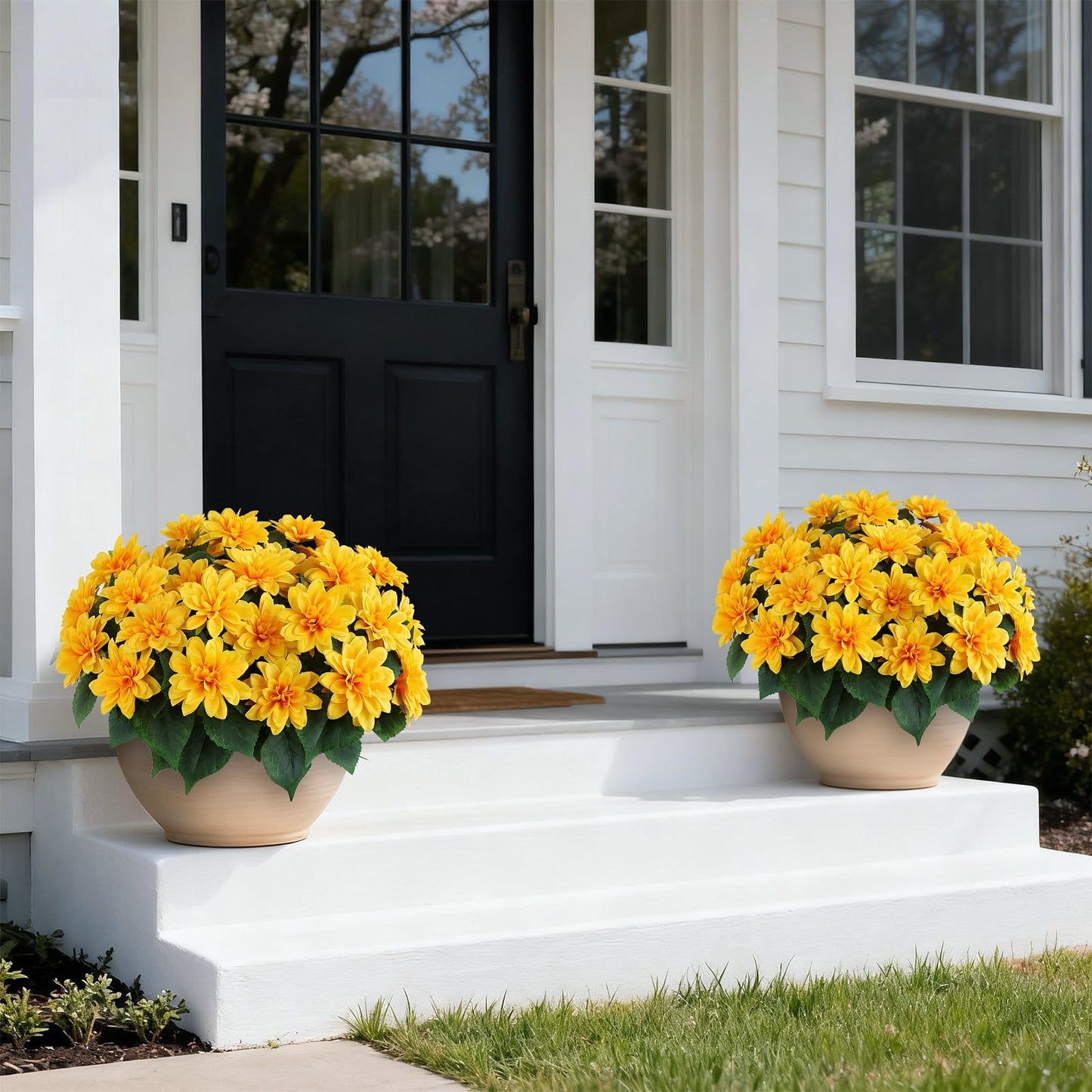 2 Set of Artificial Dahlia Topiary Ball Trees - Fake Silk Dahlia Flower Bushes, UV Resistant Faux Floral Shrub Potted for Front Door Porch Farmhouse Wedding Outdoor Decor (Yellow)