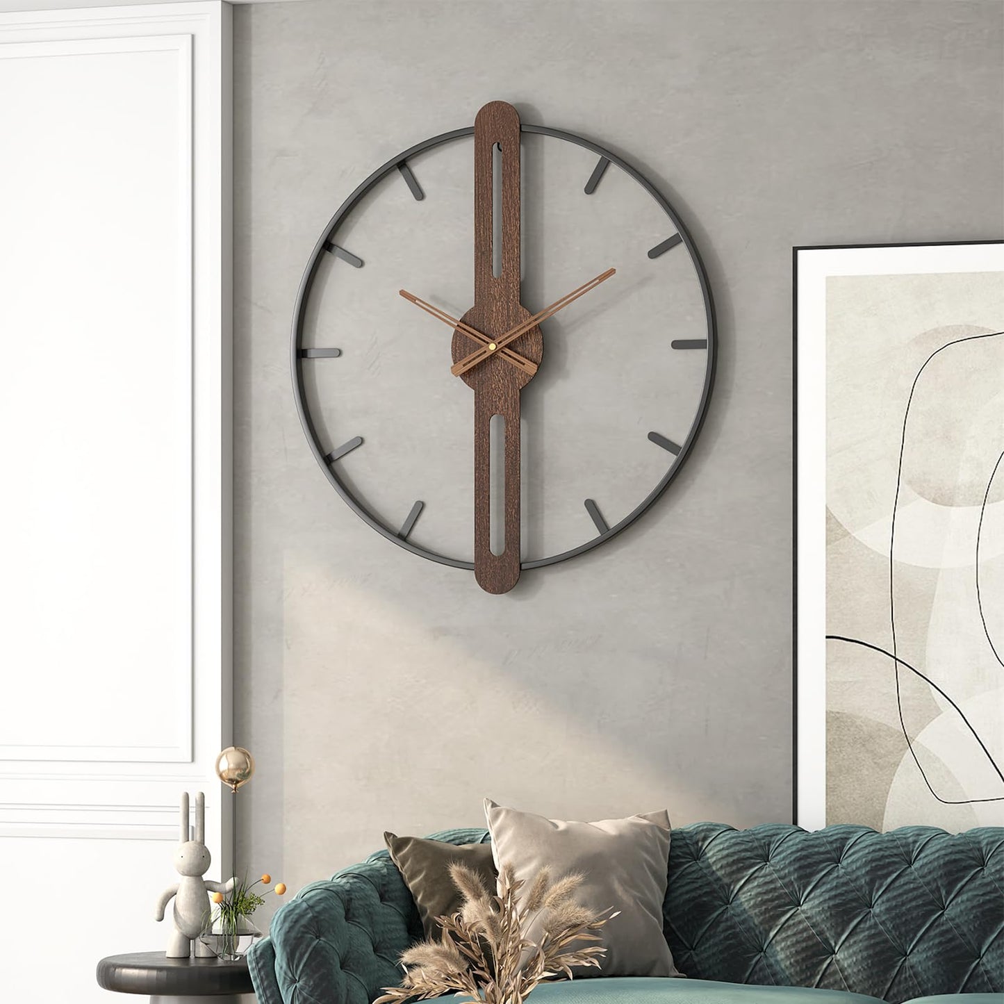 DAYDAYART Modern Walnut Dial Wall Clock, Wood Large Wall Clock Decor Metal Frame Silent Non Ticking for Living Room, Bedroom, Kitchen, Study Decoration, Handmade Home Present Idea, 20 in （50 cm）
