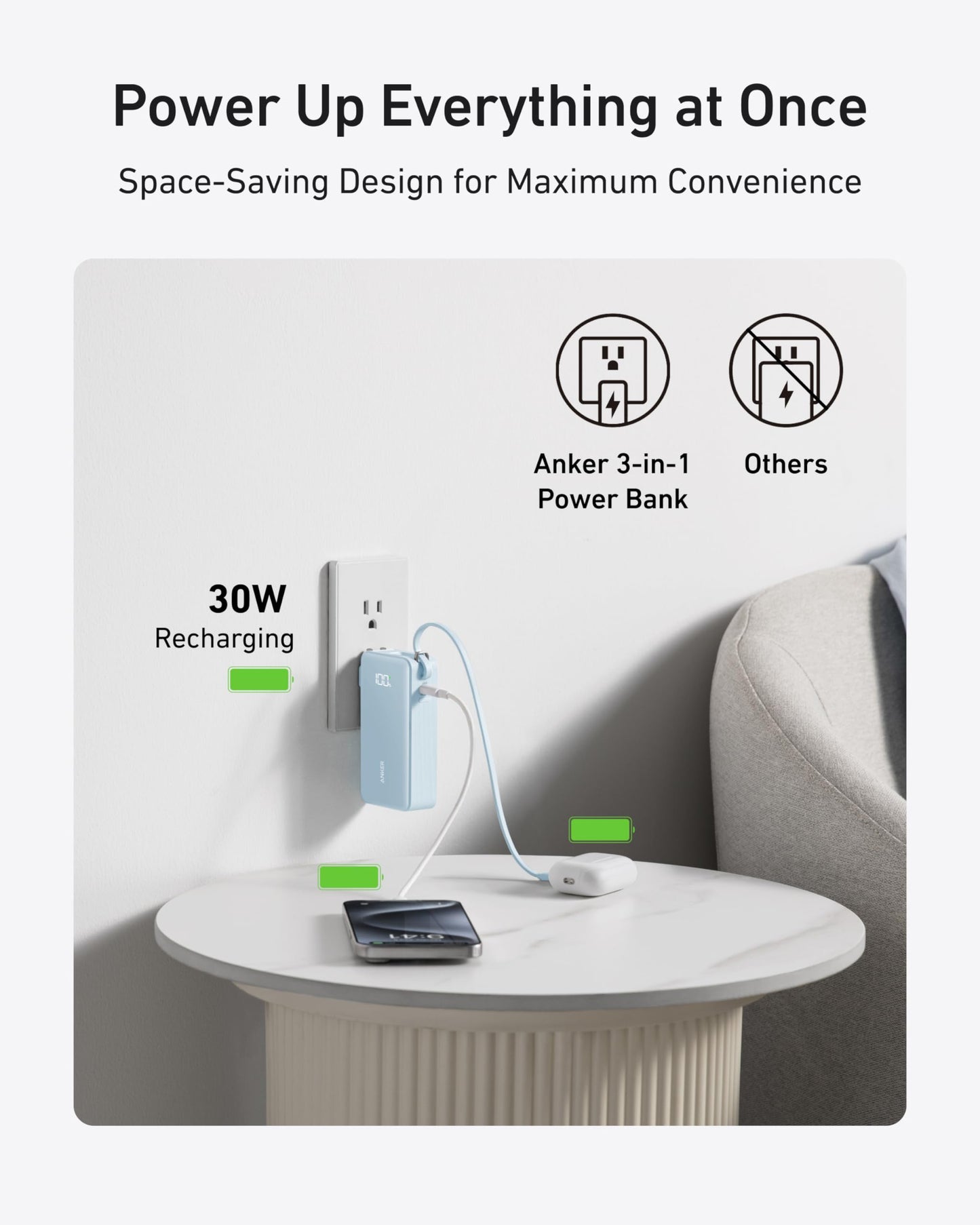 Anker Nano 3-in-1 Power Bank, Built-in Lightning Cable, USB-C Port, Foldable AC Plug for Fast Recharging, 30W Max Output, 10,000mAh Capacity, Compatible with iPhone 14 Series, AirPods, and More