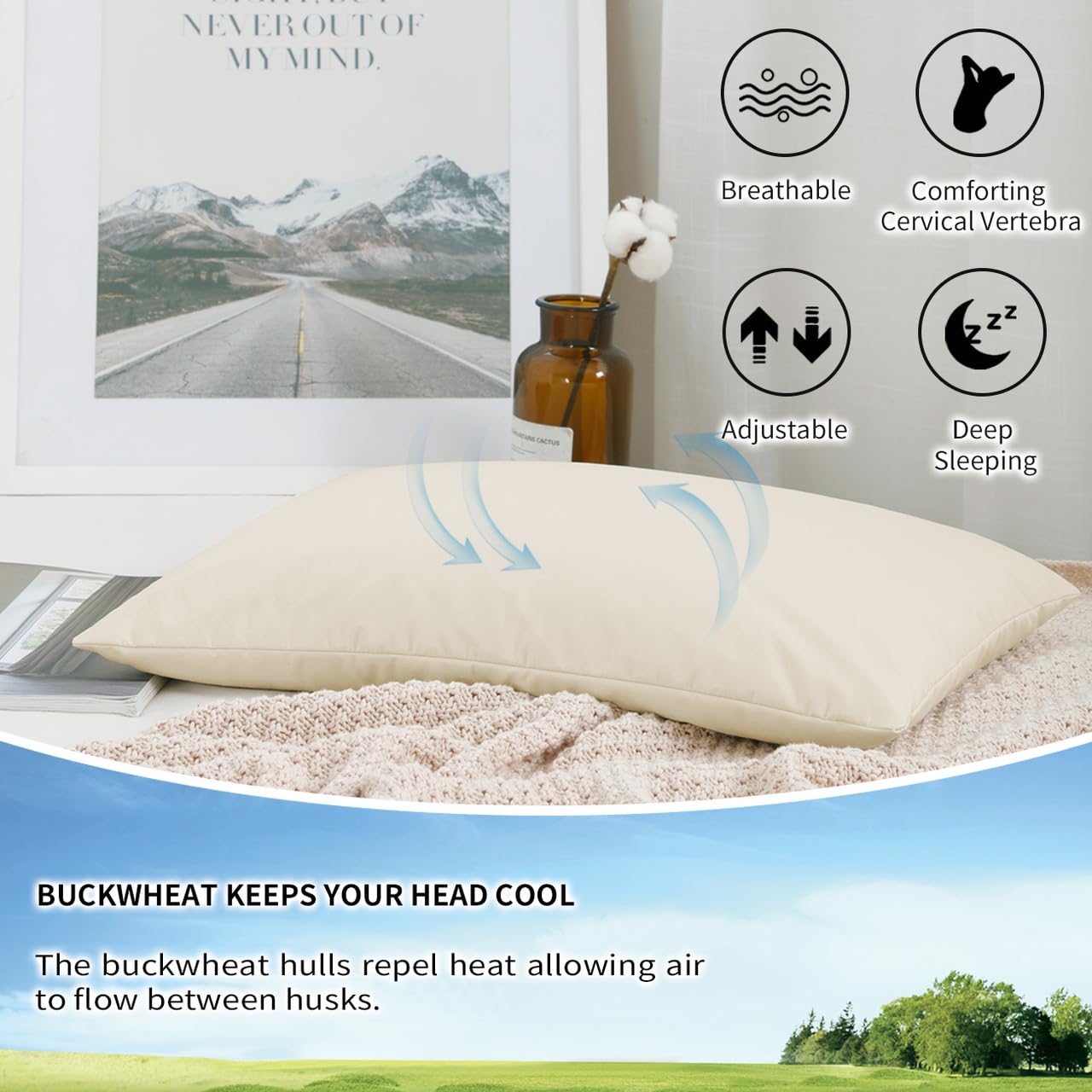 LOFE Organic Buckwheat Pillow for Sleeping with Organic Cotton Pillowcase - 16''x22'', Adjustable Loft, Breathable for Cool Sleep, Cervical Support for Back and Side Sleeper(Tartary Buckwheat Hulls)