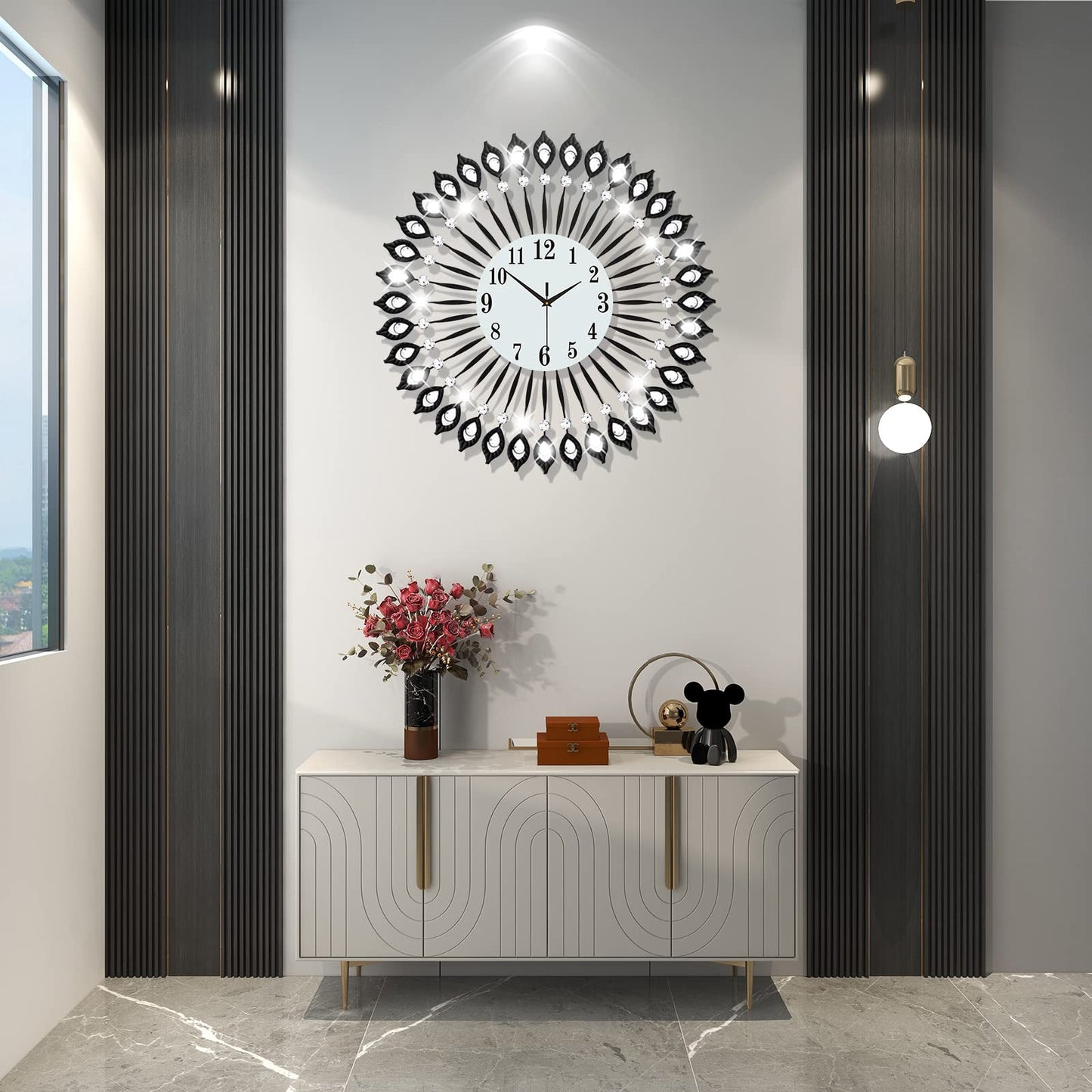 JTWALCLOCK Modern Large Wall Clock for Living Room Decor Extra Wall Clock for Bedroom Kitchen Office Indoor 24 Inches Home Decoration Big Black Crystal Wall Clocks Battery Operated Non Ticking Quartz