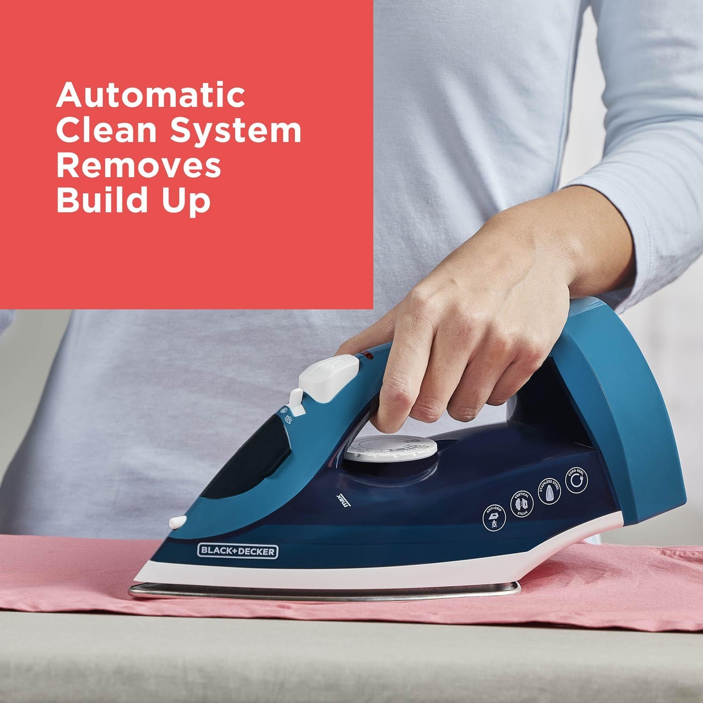 BLACK+DECKER Steam Iron for Clothes with Retractable Cord, Vertical Steaming, Anti-Drip Design, Spray Mist and Auto Clean Button, 1200W