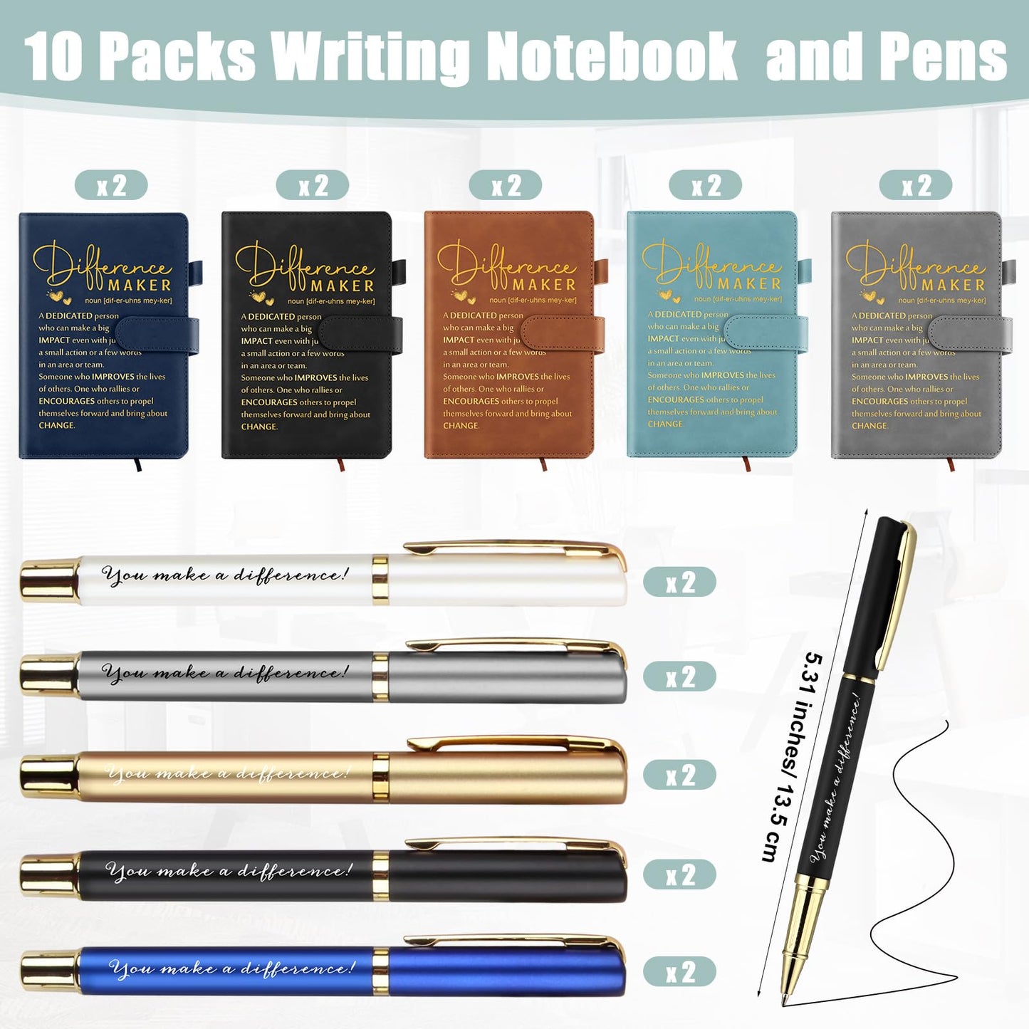 Kosiz 20 Pcs/10 Sets Employee Appreciation Gift Bulk A5 Leather Notebook and Inspirational Journal Pen Thank You Gift for Fathers Day Coworkers Teacher CNA Nurse(Multicolor,Difference Maker)