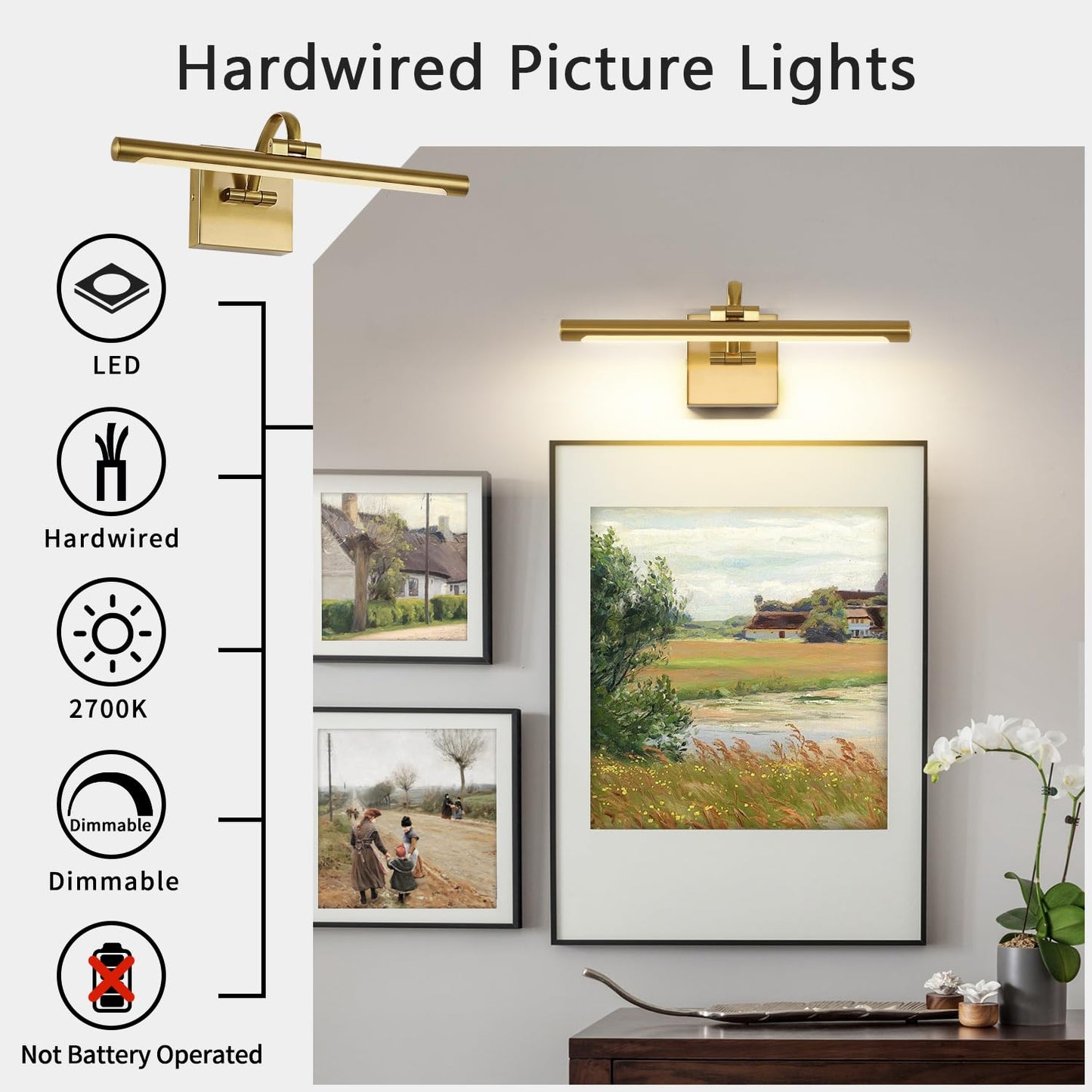 DESOOP Brass Picture Lights for wall Hard-Wired LED Picture Lighting Dimmable Art Light Gallery Lighting for Wall Portraits Artwork 15.75 inch 7W Warm White