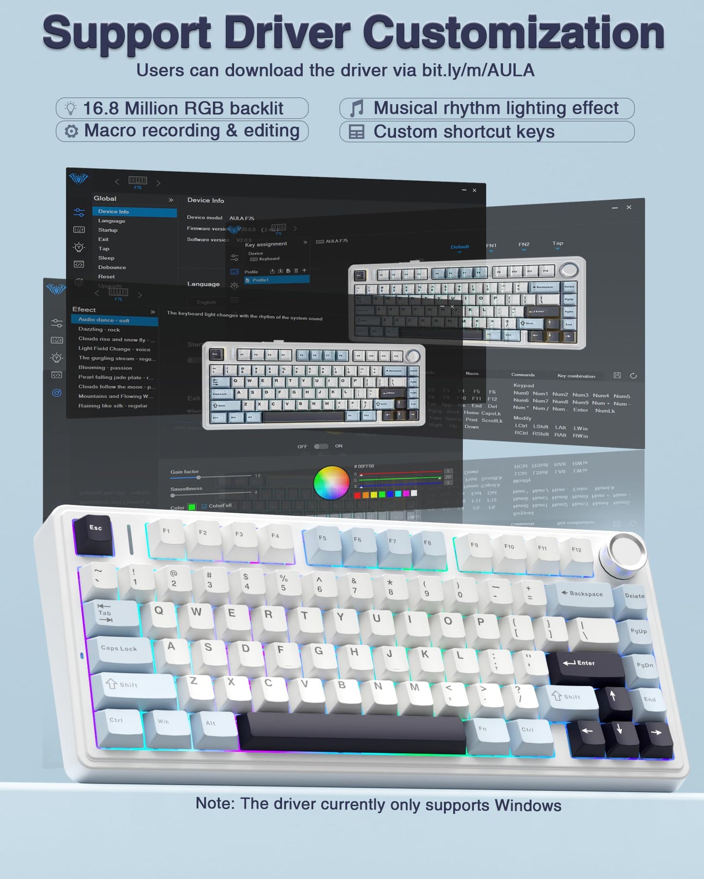 AULA F75 75% Wireless Mechanical Keyboard,Gasket Hot Swappable Custom Keyboard,Pre-lubed Reaper Switches RGB Backlit Gaming Keyboard,2.4GHz/Type-C/BT5.0 Mechanical Keyboard (White & Blue)