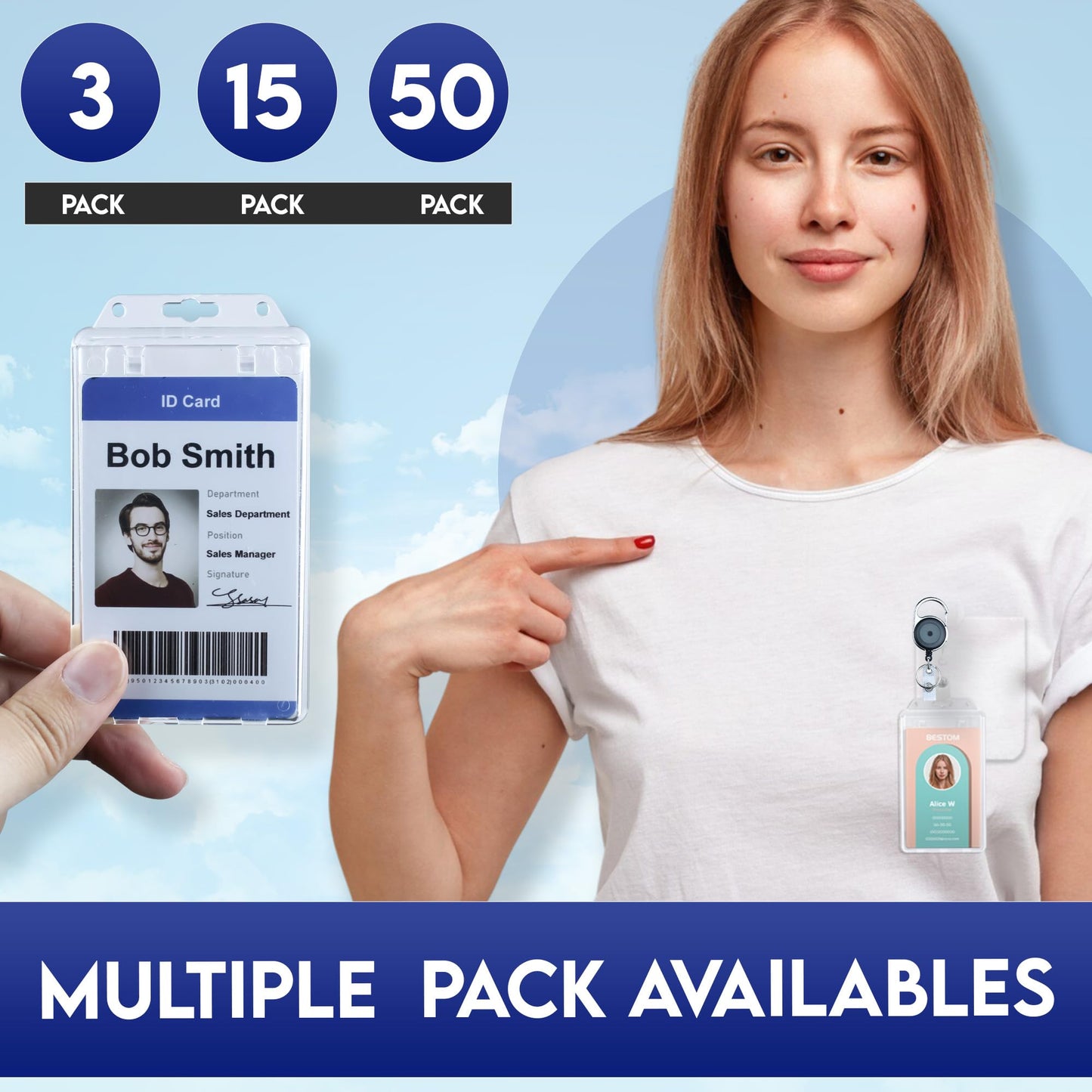 Bestom 50 Pack Clear Rigid Plastic Permanent Locking ID Card Holders – Vertical Secure Dual Sided Work Badge Holder Fits Two Standard 30mil ID Badges or One Proximity/Prox Card