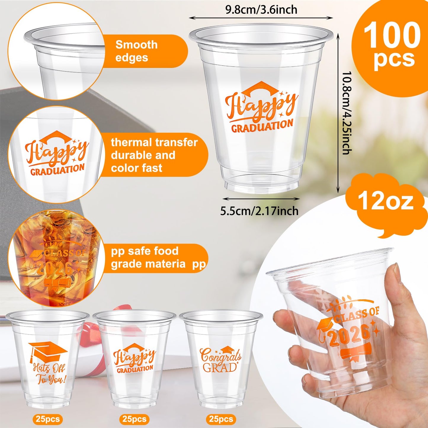 Eaasty 100 Pcs 12oz Graduation Cups 2026 Disposable Plastic Cups for Class of 2026 Graduation Party Congrats Grad Elegant Party Supplies Tableware Decorations (Orange)