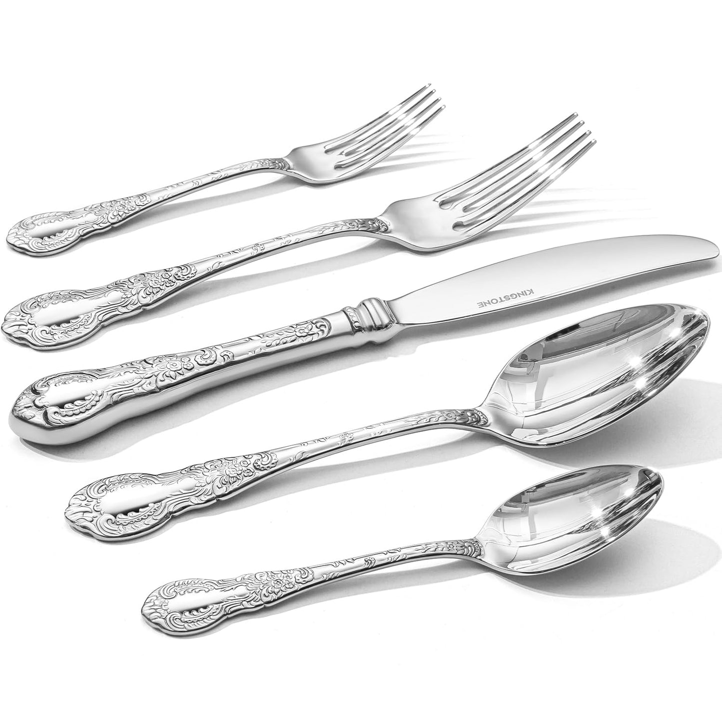 KINGSTONE Vintage Carved Silverware Set, 20-Piece 18/10 Stainless Steel Flatware Cutlery Set with Retro Royal Thick Handle, Tableware Utensils for Home, Restaurant, party, Wedding, Dishwasher Safe
