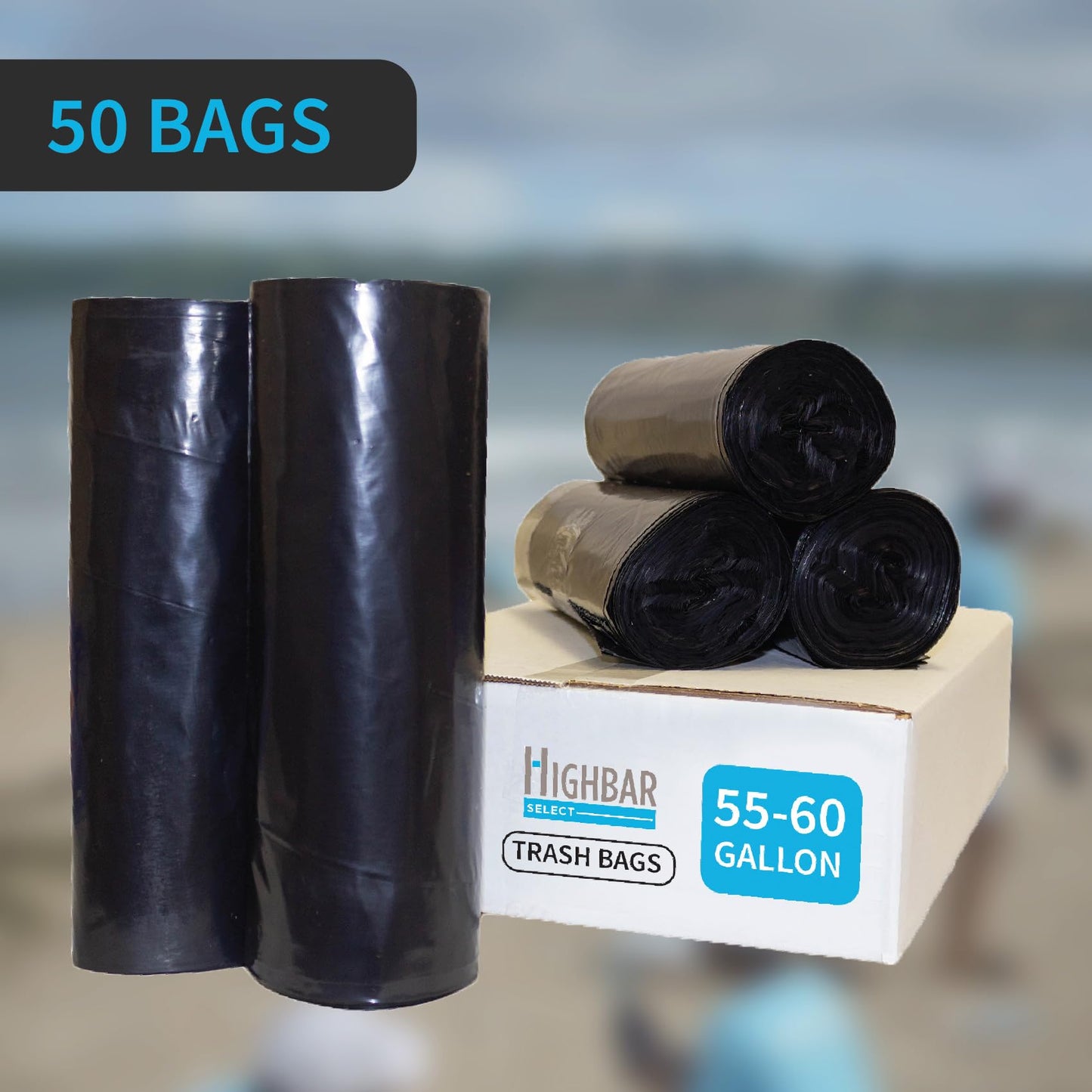 Industrial Grade 50 Count Black Trash Bags, 55-60 Gallon, 2.0 Mil, 36 x 58, Extra Strength, Heavy Duty, Tear and Puncture Resistant, No Ears, Unscented, Durable, No Ties, Made in USA