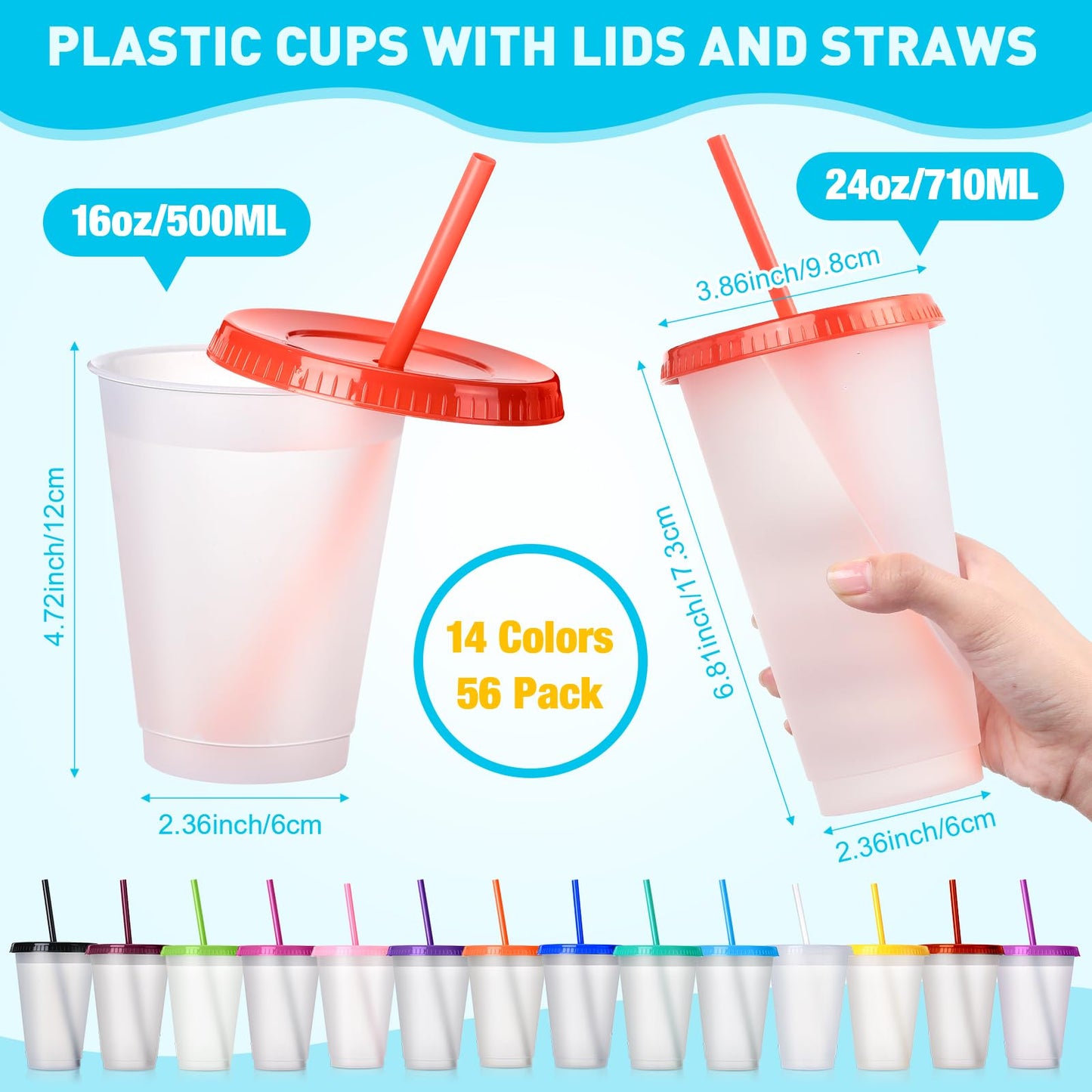 Hsei Clear Plastic Tumbler with Straw and Lid Bulk Water Bottle Iced Coffee Travel Mug Cup with Lid and Straw Reusable Plastic Cups for Christmas Water Smoothie Party Birthday(56 Pack,24 oz, 16 oz)