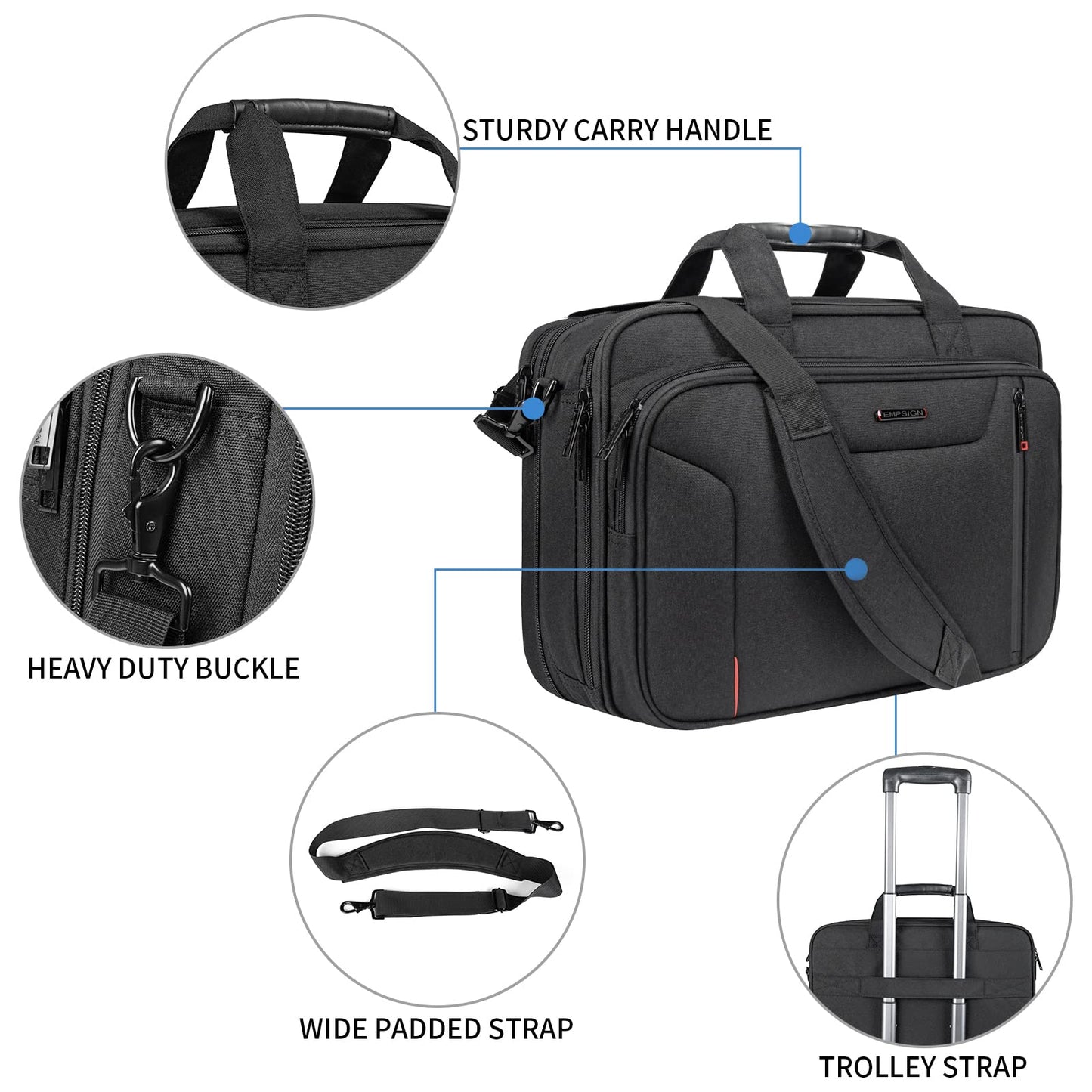 EMPSIGN Stylish Laptop Bag Briefcase, 17.3 Inch Laptop Case Expandable Messenger Shoulder Bag for Men Water Repellent, Computer Office Carrying Bag for Work Business Travel-Black/Red