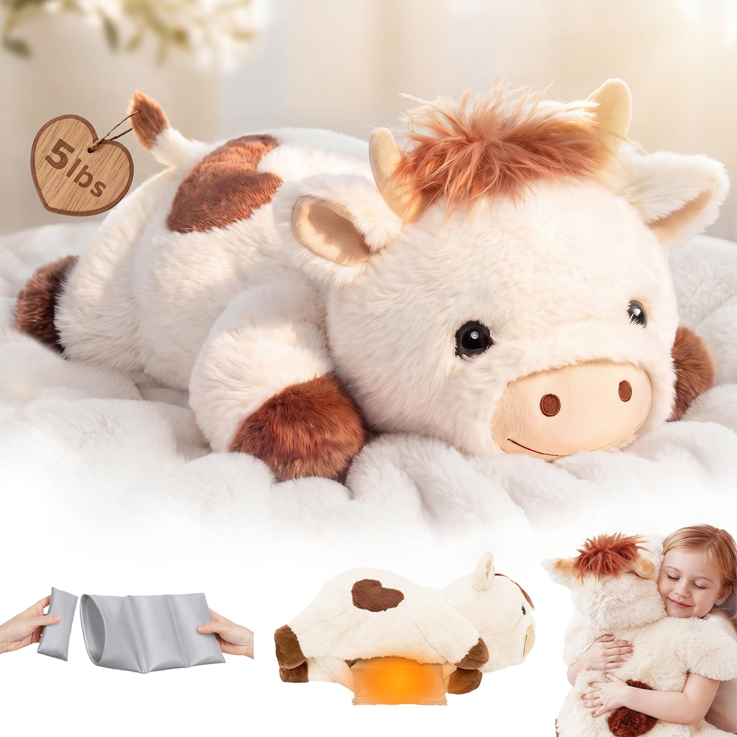 Mewaii Weighted Stuffed Animals with Microwavable Heating Pad - 5lb Adjustable, Heatable & Coolable Cow Plush for Realistic Hug, Removable Inner Pad, Perfect Plush Gift for Kids, Adults (23 Inch)
