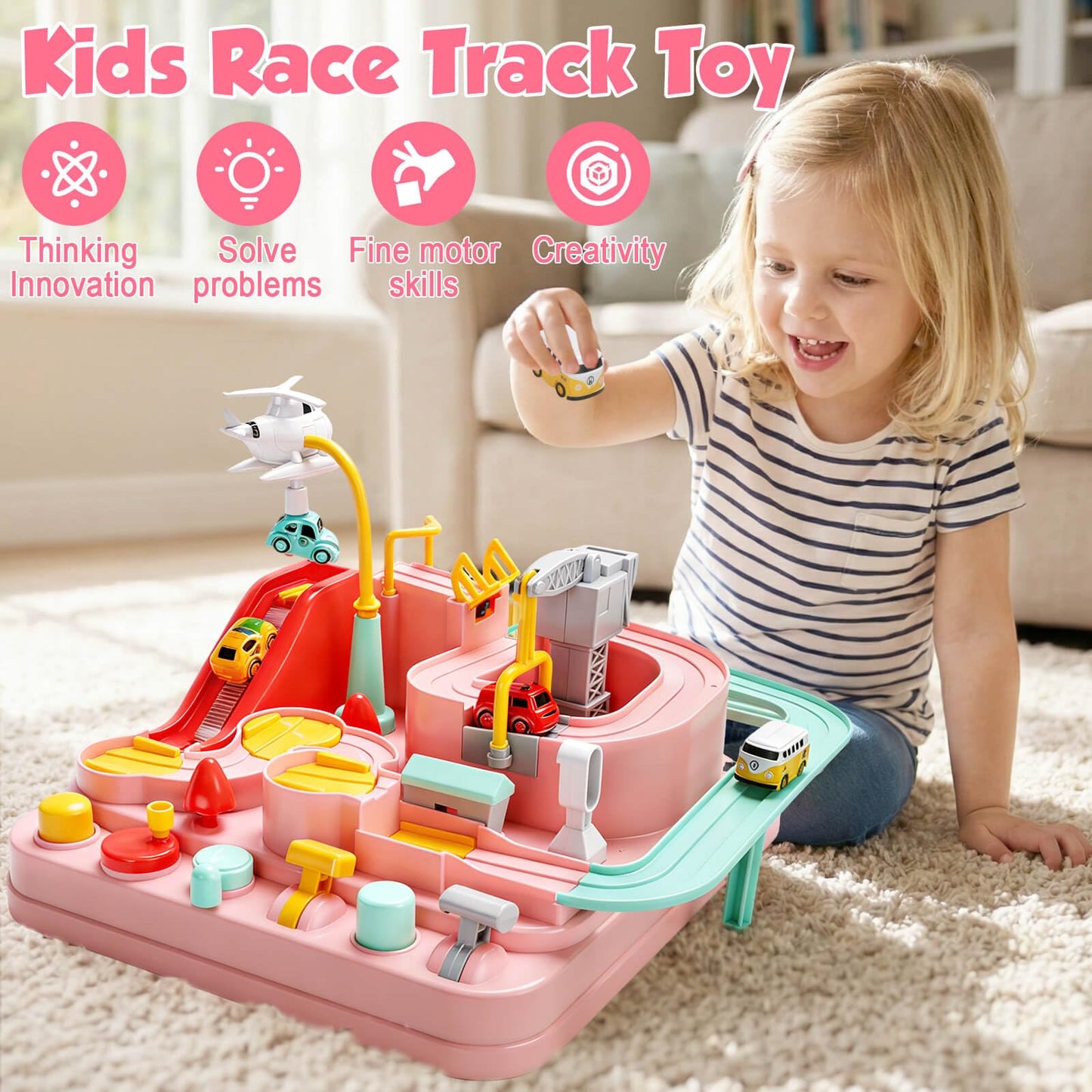 Gretex Car Race Track for Kids Ages 3-6: City Rescue Car Track Set with 4 Mini Cars and Helicopter, Preschool STEM Toy, Educational Obstacle Course Playset for Kids Ages 3-6, Birthday Gift for Girls