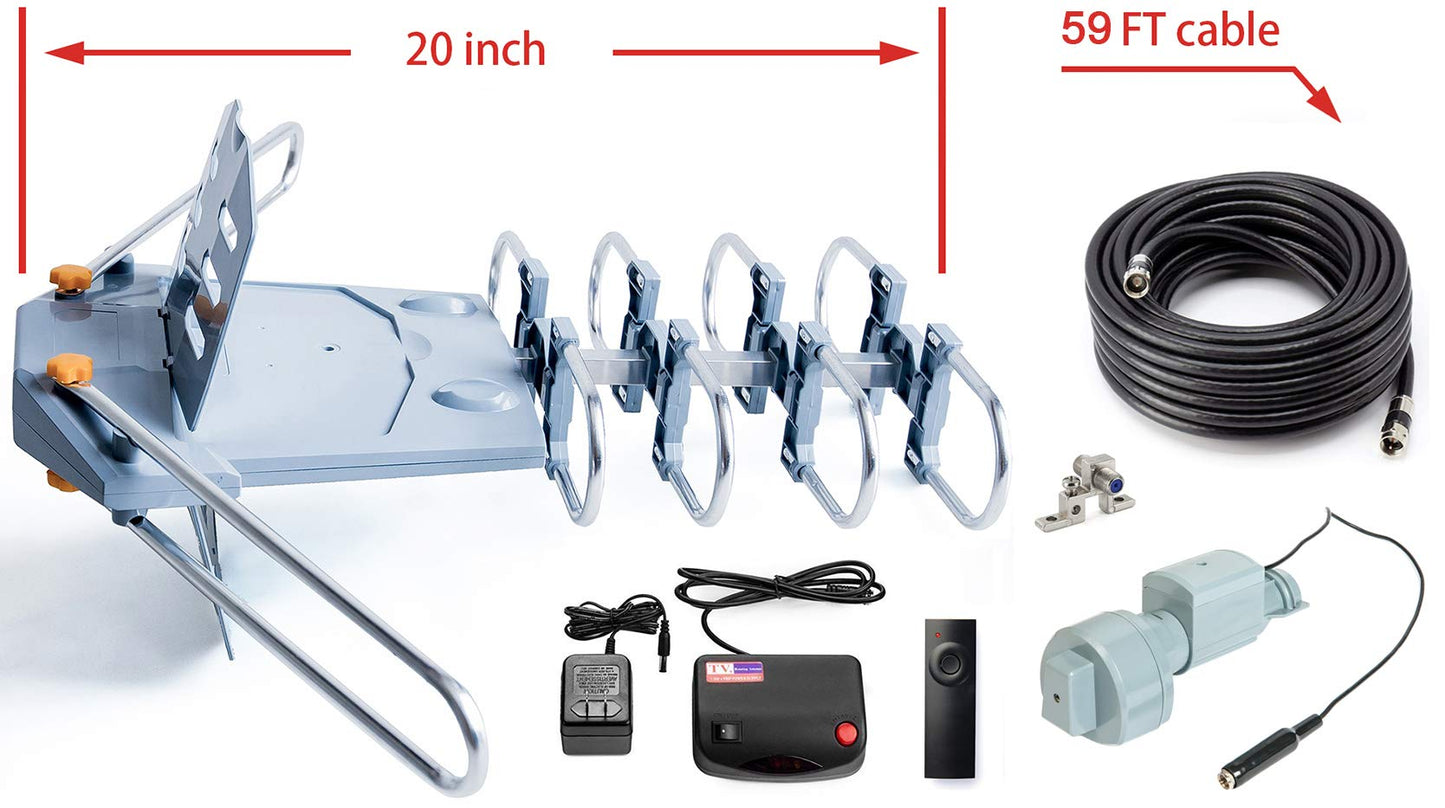 PBD Outdoor Digital Amplified HDTV Antenna, 150 Mile Motorized 360 Degree Rotation, Wireless Remote Control, 59FT RG6 Coax Cable, Coaxial Grounding Block, UHF VHF 1080P 4K, Support 2 TVs