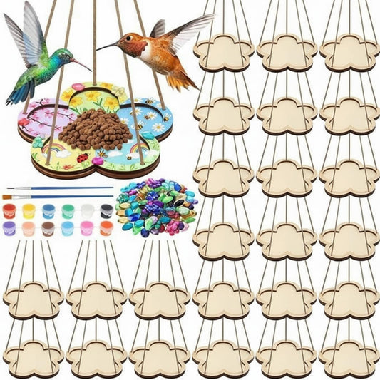 DoubleFill 24 Pcs DIY Bird Feeder Craft Kits for Kids Ages 5-8 8-12, 24 Flower Wooden Bird House, 4 Sets Watercolor and 200 Acrylic Diamonds for Children Spring Craft Activity Art DIY Project