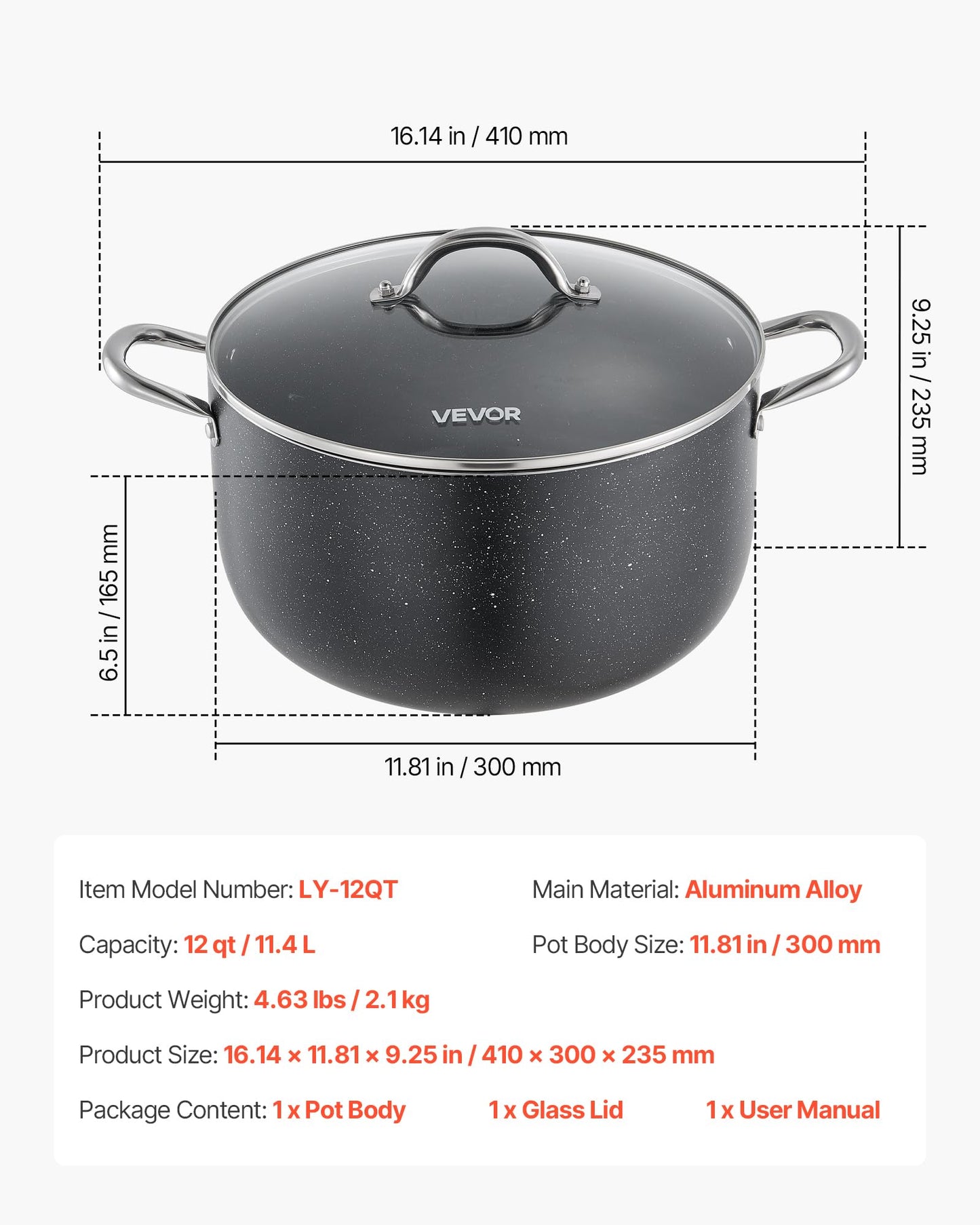 VEVOR Aluminum Stock Pot, 12-Quart Nonstick Ceramic Coated Pot with Glass Lid, PFOA-Free, PFAS-Free, Compatible with Gas Stoves, Induction Cooktops, Electric Stoves, for Soups, Stews, and Pasta