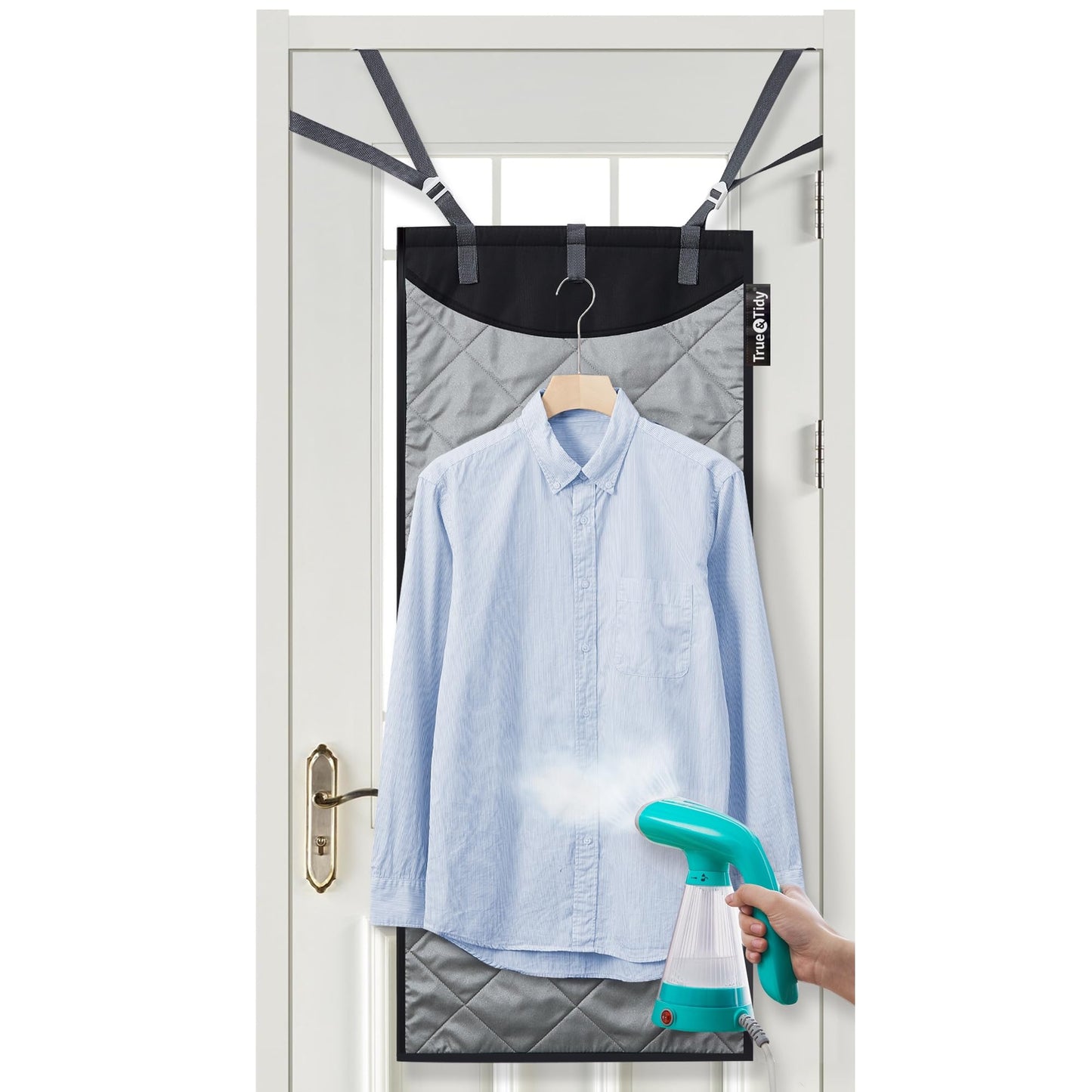 True & Tidy XL Over the Door Protective Clothes Steamer Pad, Ironing and Press Pad, Helps Protect Surfaces While Garment Steaming, with 3 Hanger Hooks