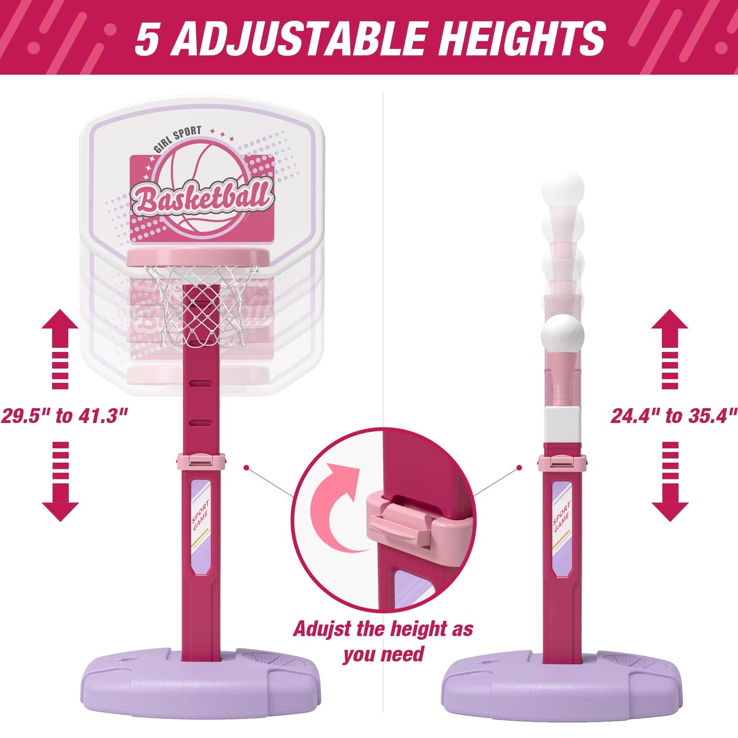 HYES 2 in 1 Kids Basketball Hoop and T Ball Set，White
