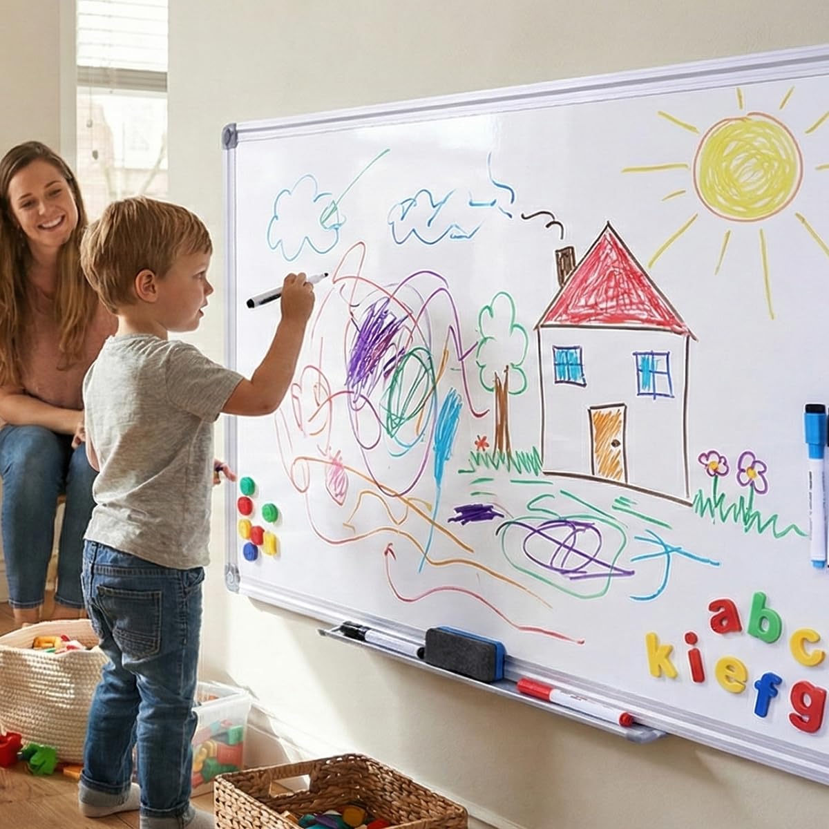 DexBoard 40 x 28 Inch Magnetic Dry Erase Whiteboard - Medium-Large Wall Mounted Writing Board for Home Office & Study - Silver Aluminum Frame with Tray